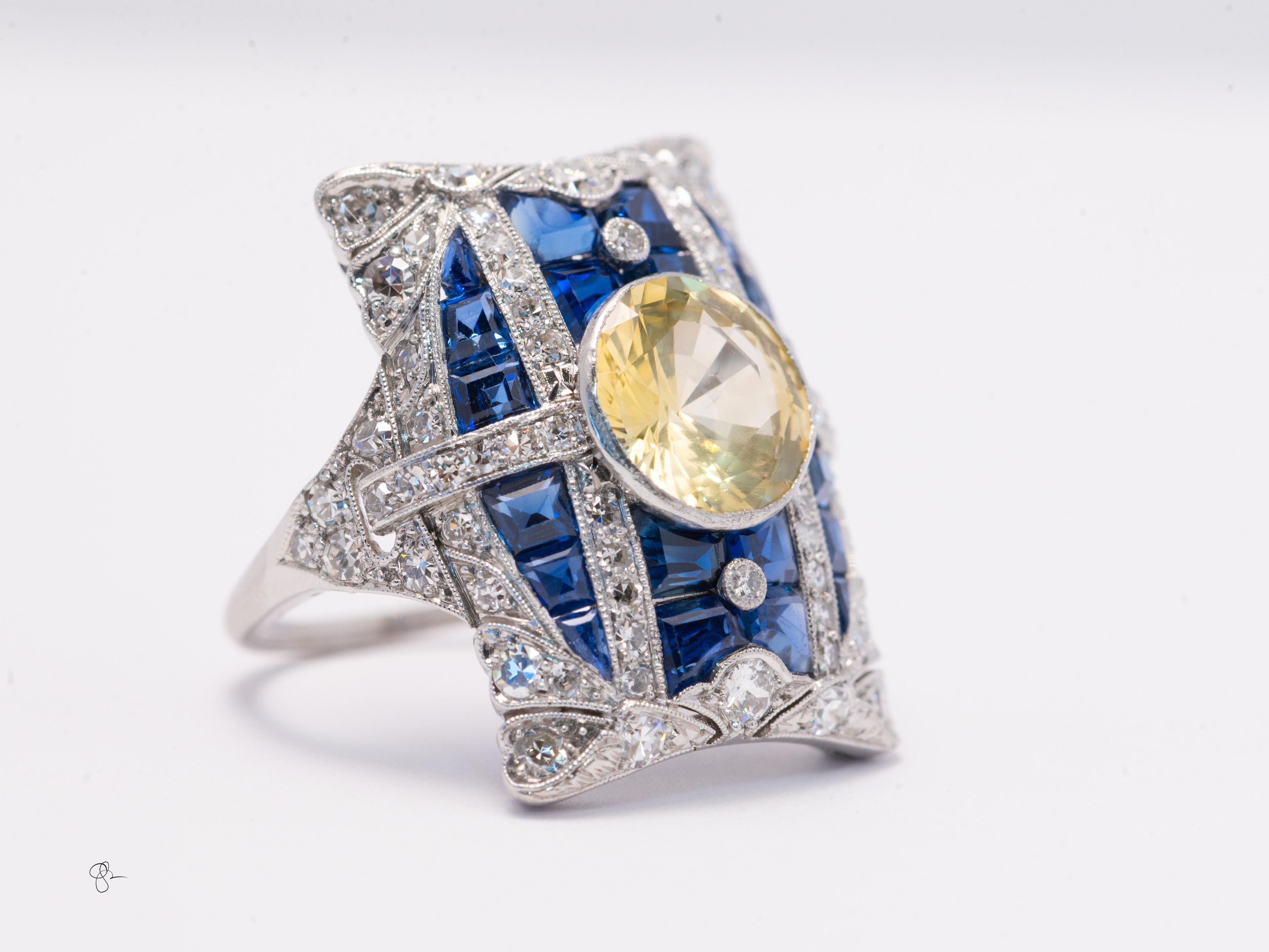 Women's or Men's Art Deco Peacock Vintage Ring with Yellow Sapphire, Blue Sapphires & Diamonds For Sale