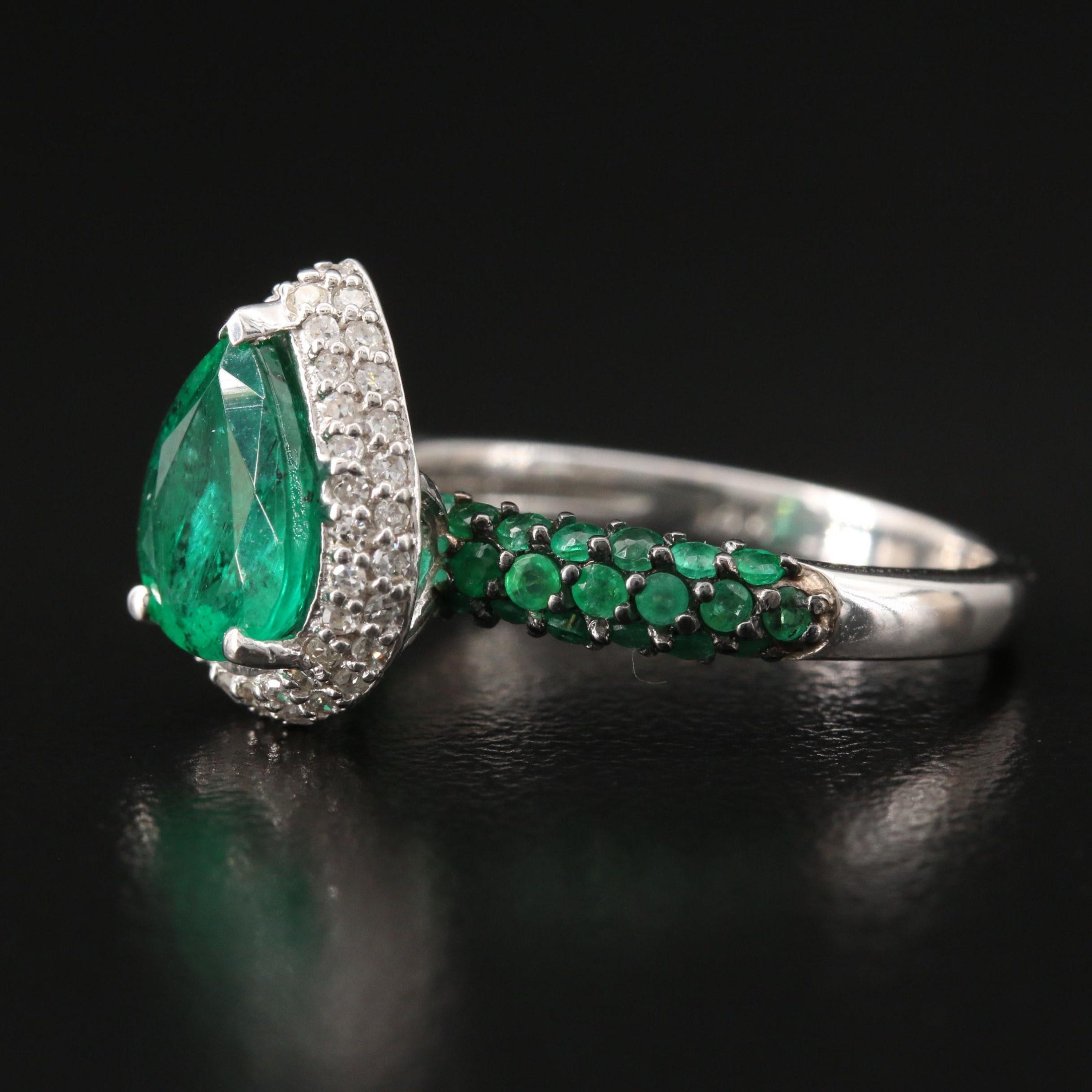 For Sale:  Art Deco Pear Cut 4 Carat Emerald Diamond White Gold Engagement Ring Signet Ring 2