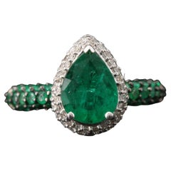 Art Deco Style Pear Cut 4 Carat Emerald Ring Halo Emerald White Gold Ring