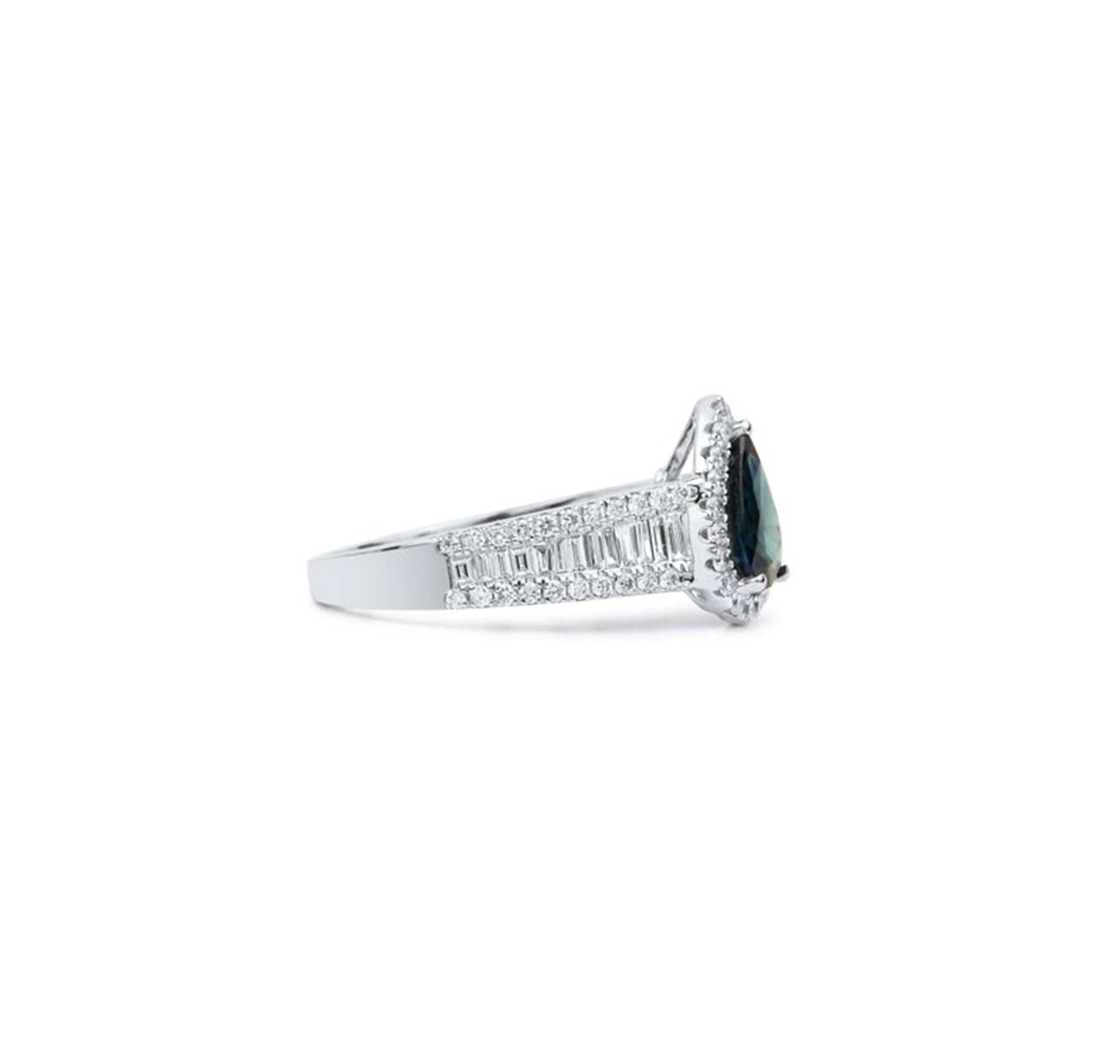 Art Deco Pear-Cut Blue Sapphire & Diamond Halo Engagement Ring in 18K White Gold For Sale 4