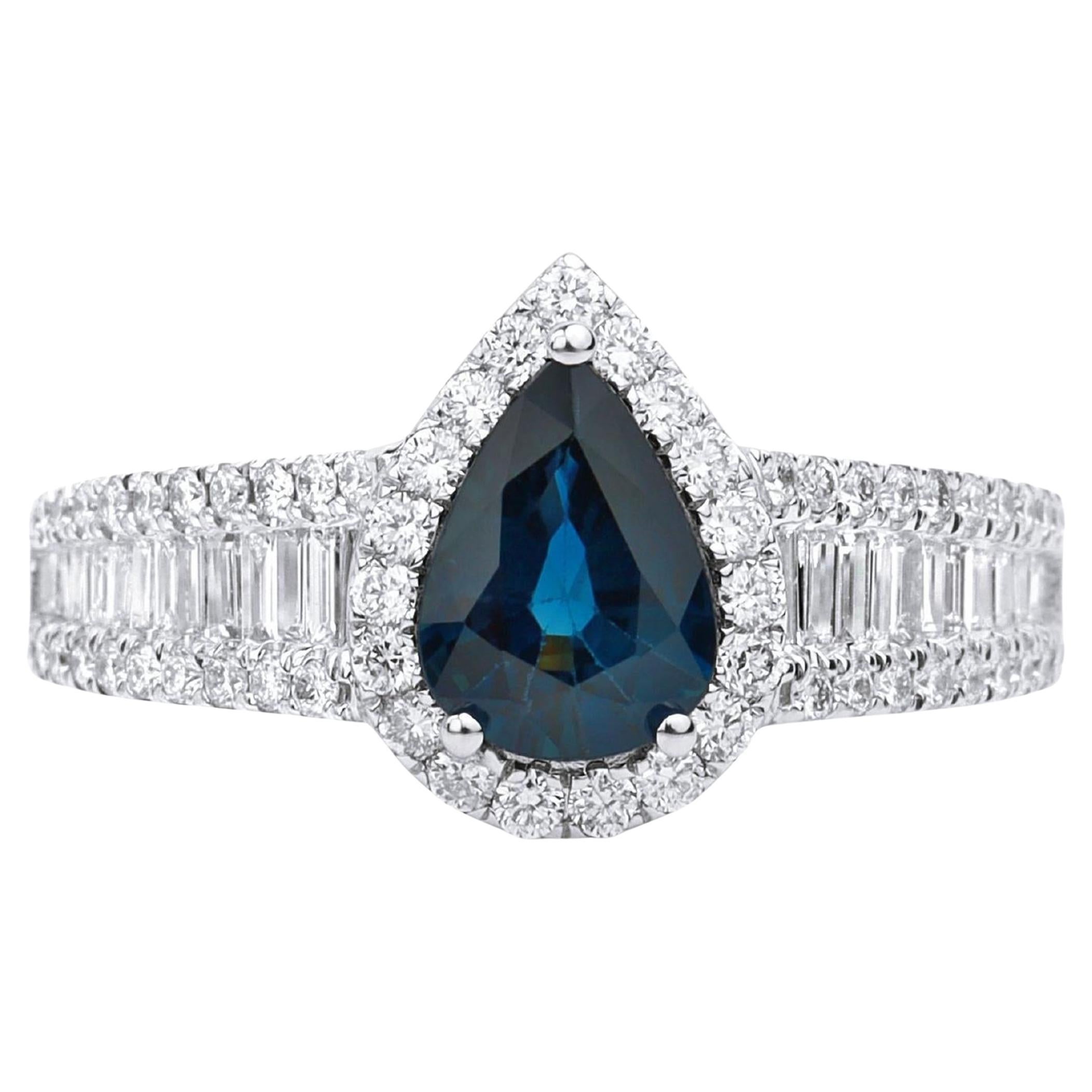 Art Deco Pear-Cut Blue Sapphire & Diamond Halo Engagement Ring in 18K White Gold