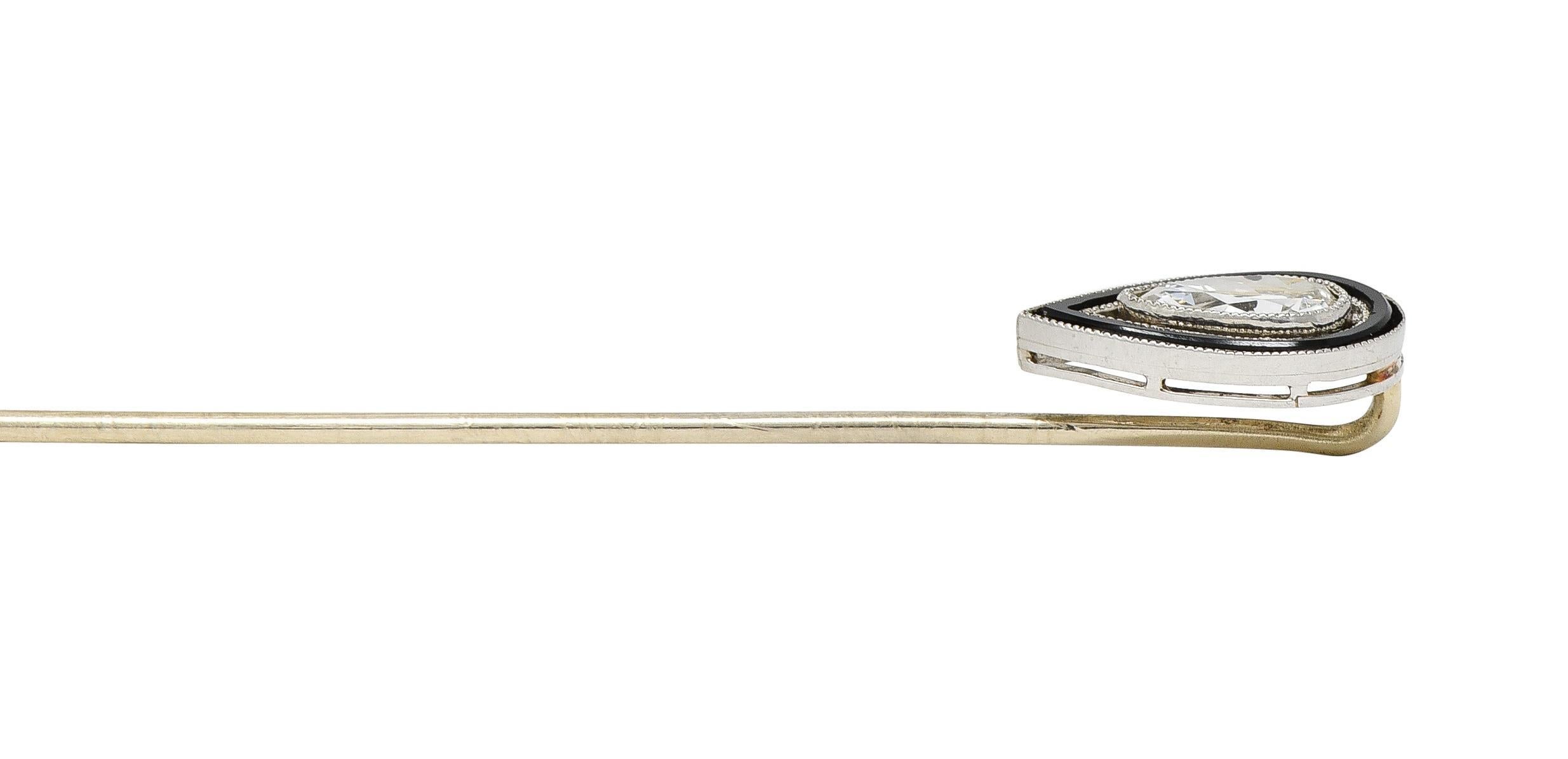 Art Deco Birnenschliff Diamant Onyx Platin Vintage Stickpin (Art déco) im Angebot