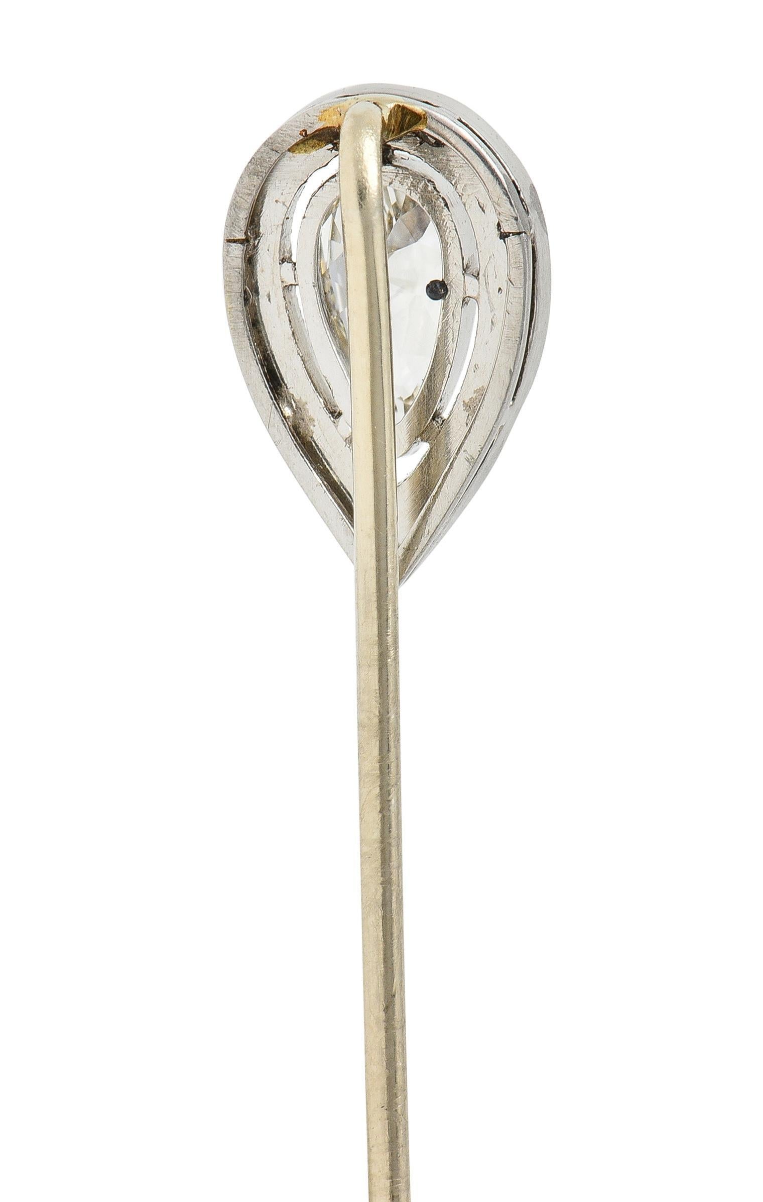 Art Deco Pear Cut Diamond Onyx Platinum Vintage Stickpin For Sale 2