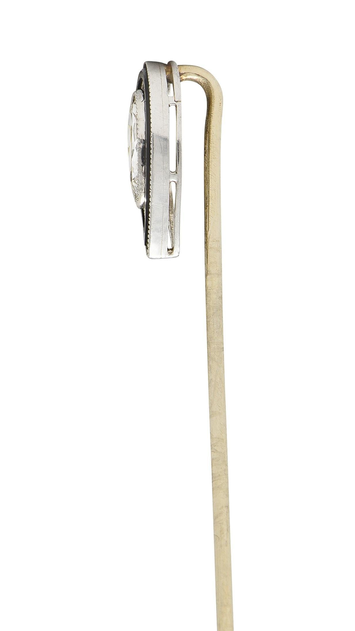 Art Deco Birnenschliff Diamant Onyx Platin Vintage Stickpin im Angebot 1