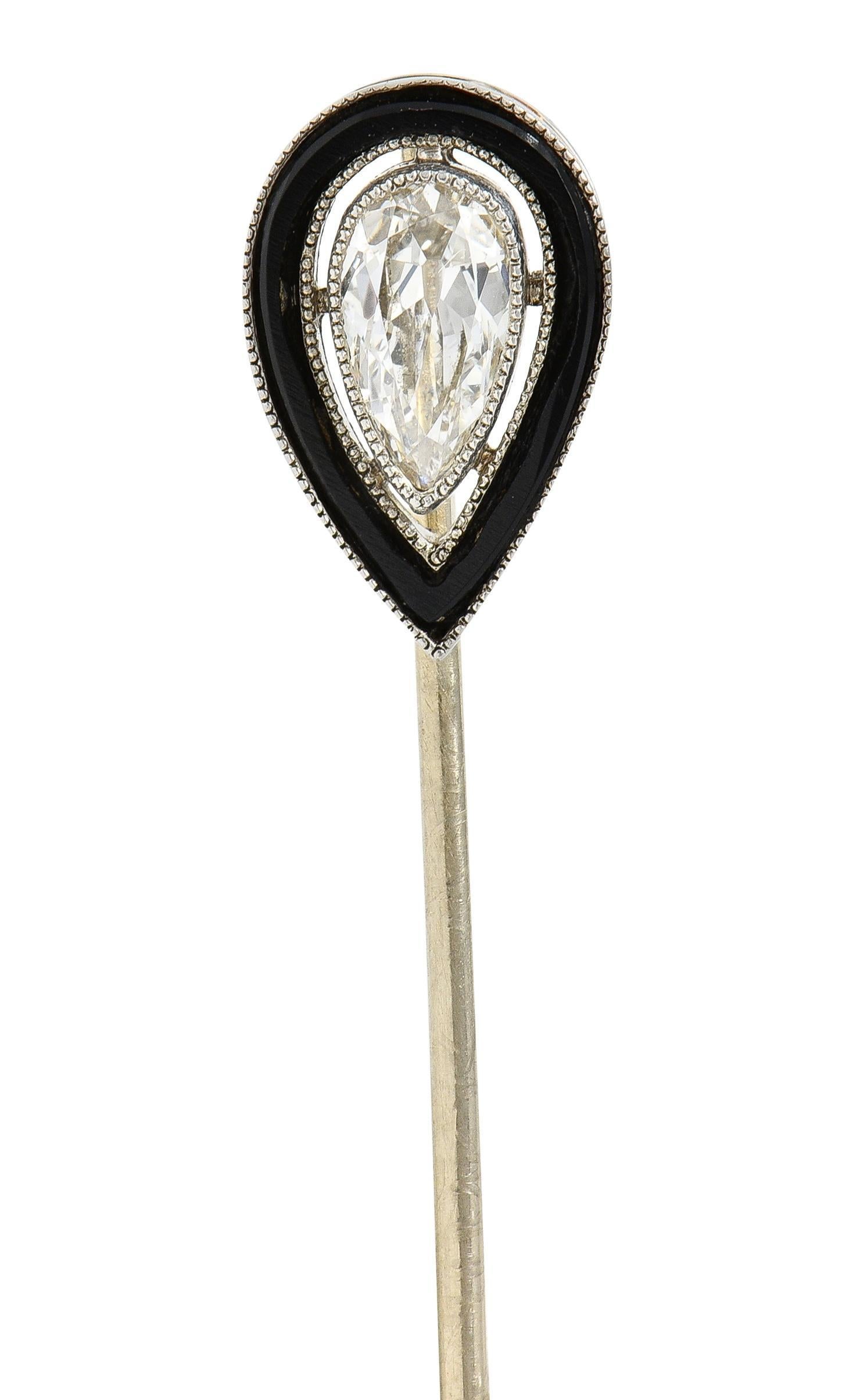 Art Deco Pear Cut Diamond Onyx Platinum Vintage Stickpin For Sale 5