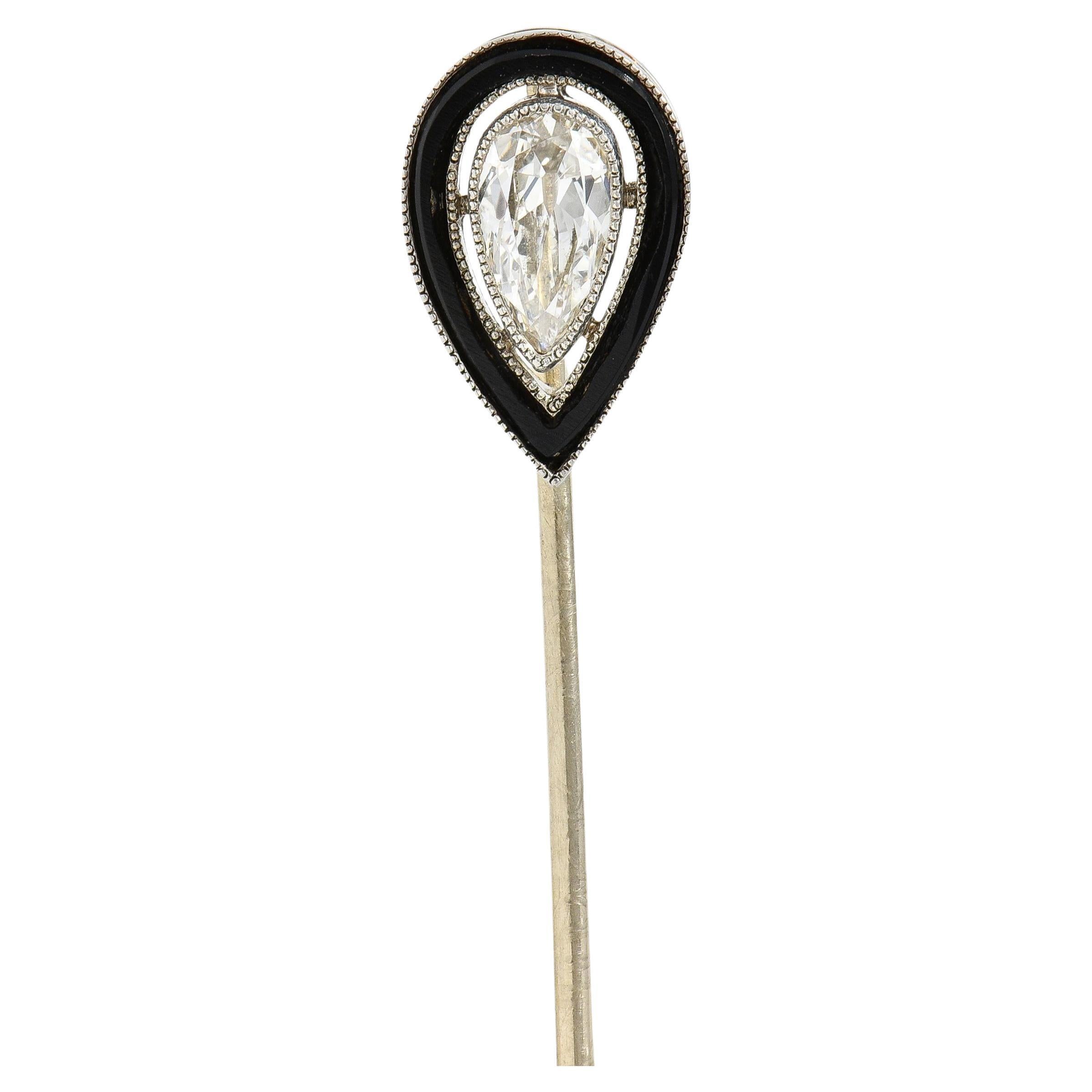 Art Deco Pear Cut Diamond Onyx Platinum Vintage Stickpin