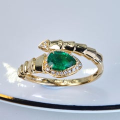 Art Deco Pear Cut Natural Emerald Diamond Yellow Gold Snake Ring, Fashion Ring