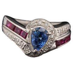 Art Deco Pear Cut Sapphire Diamond Engagement Ring Halo Ruby Wedding Band