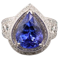 Art Deco Pear Cut Tanzanite Engagement Ring Halo Diamond White Gold Wedding Ring