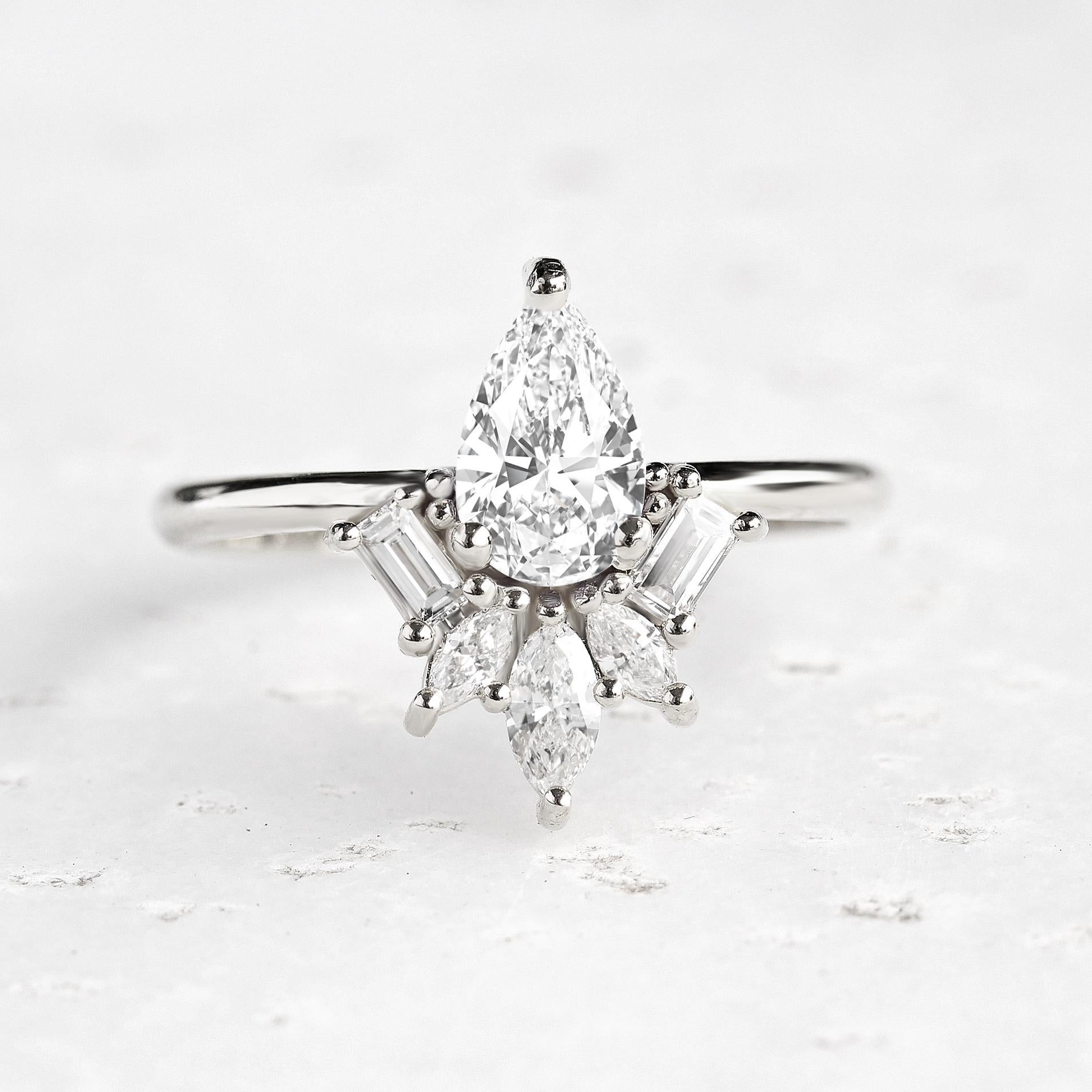 Pear Cut Art Deco Pear Diamond Unique Mix Shape Engagement ring - 