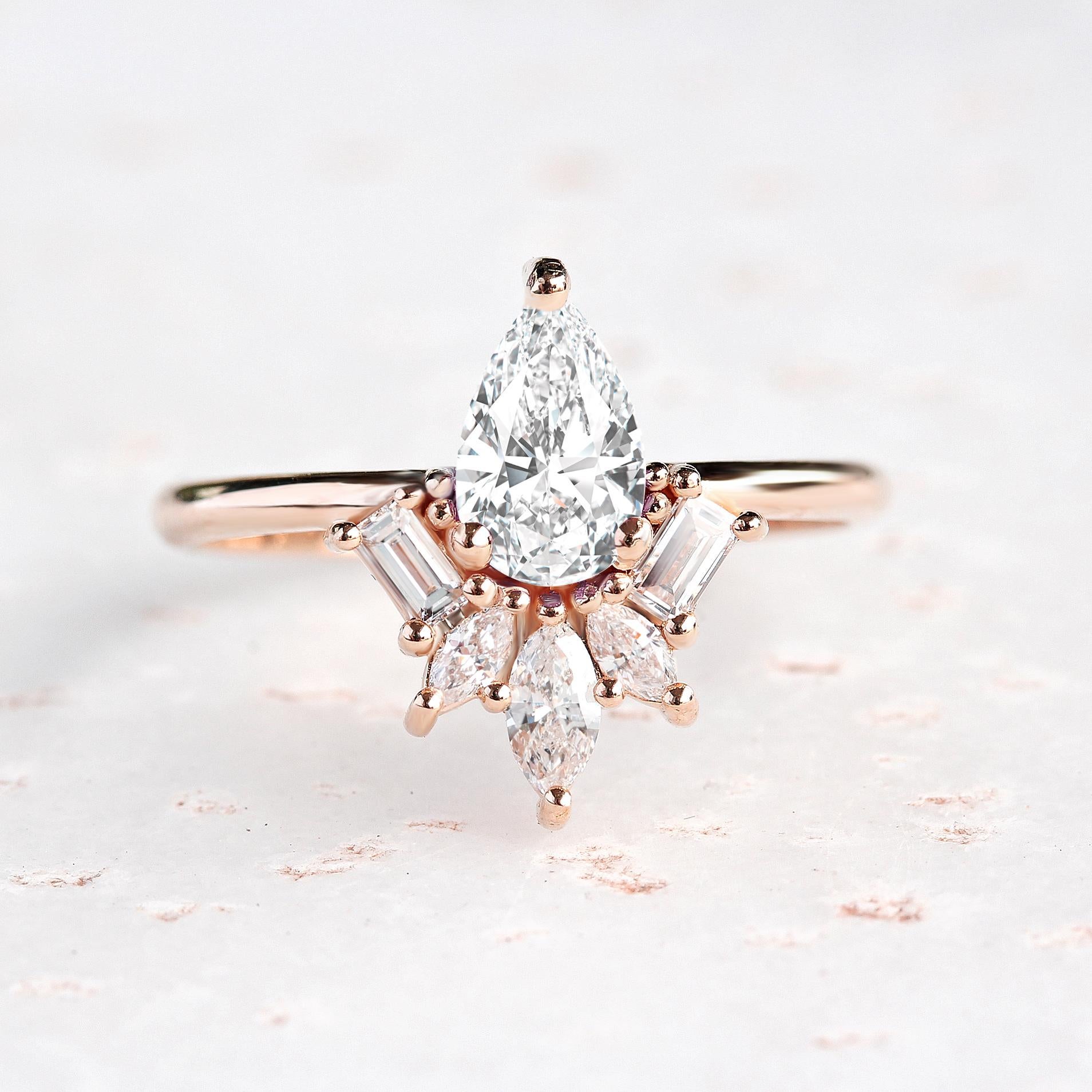 Art Deco Pear Diamond Unique Mix Shape Engagement ring - 