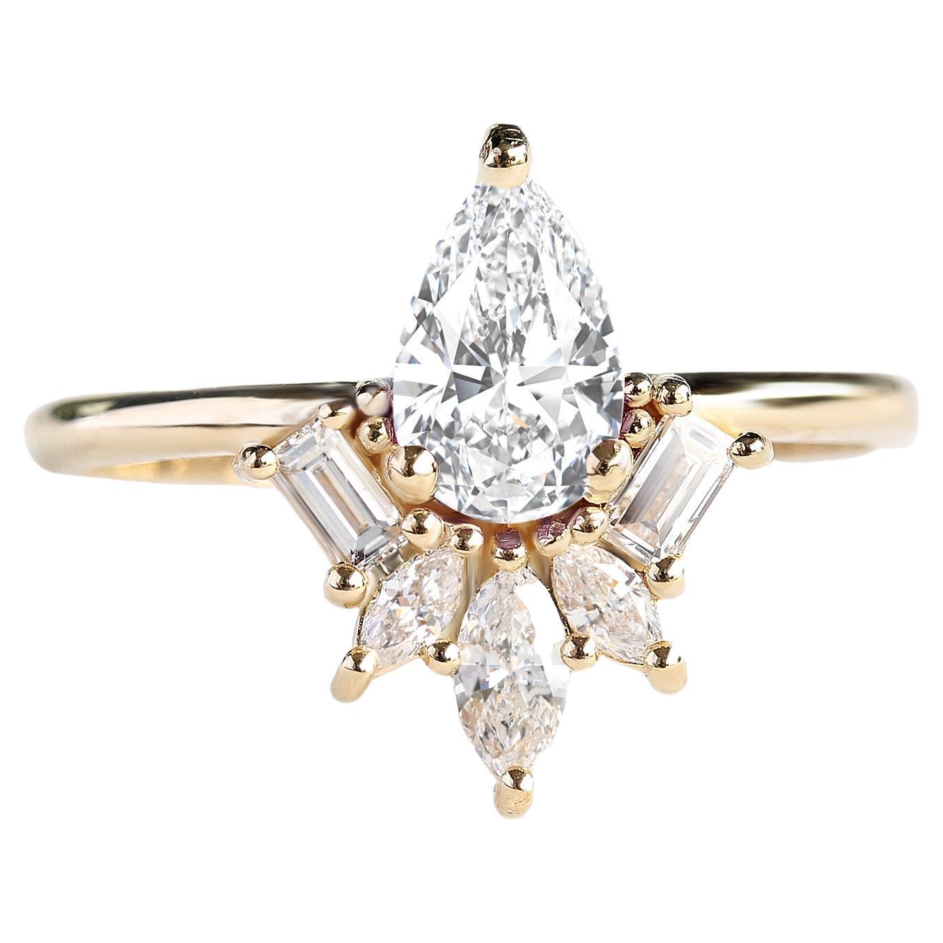 Bague de fiançailles Art Déco en forme de poire avec diamant unique - "Gatsby"