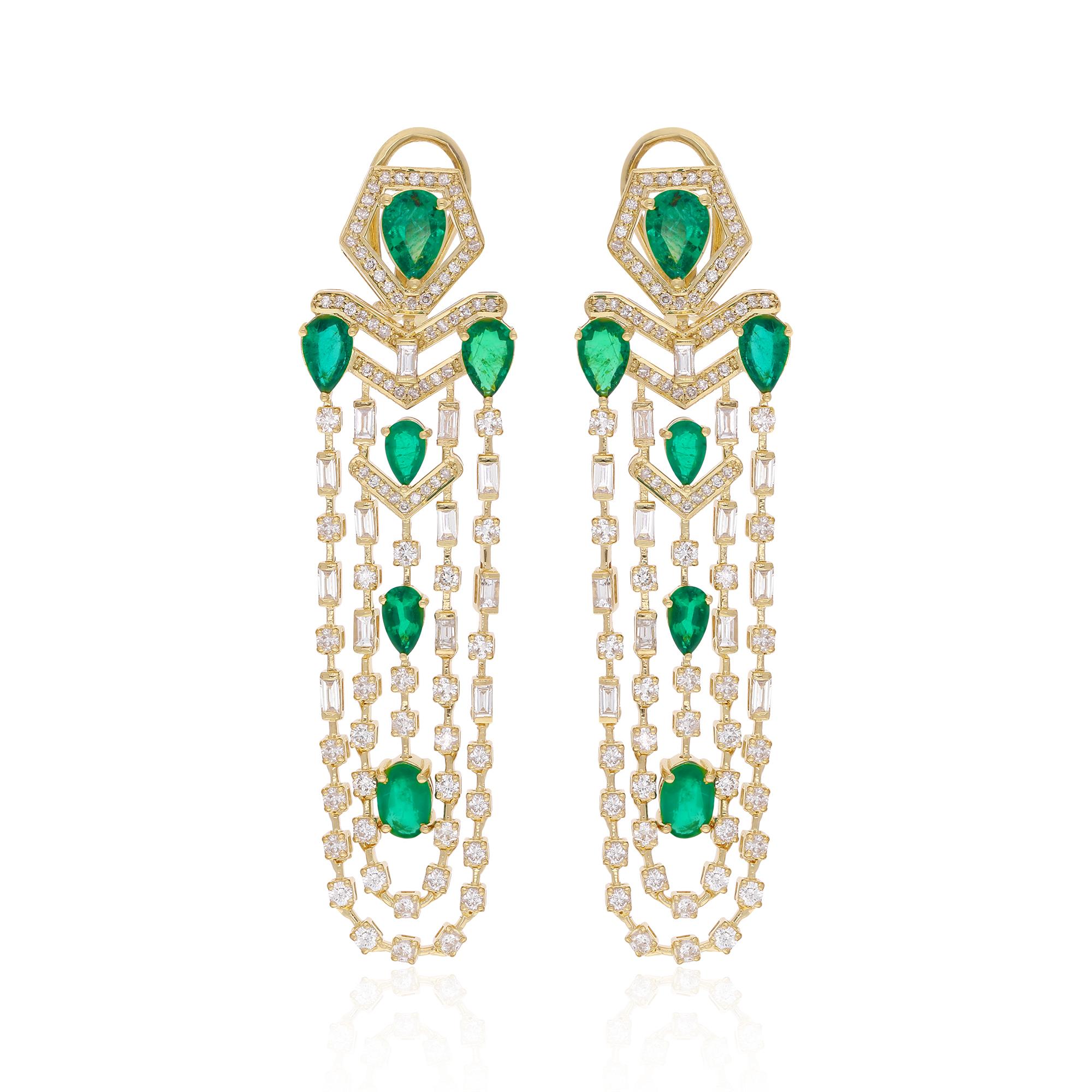 Taille mixte Boucles d'oreilles chandelier poire ovale émeraude diamant art déco pour maman or jaune 14k en vente