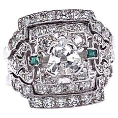 Art Deco Pear Shape Cut Diamond Emerald Platinum Ring Set
