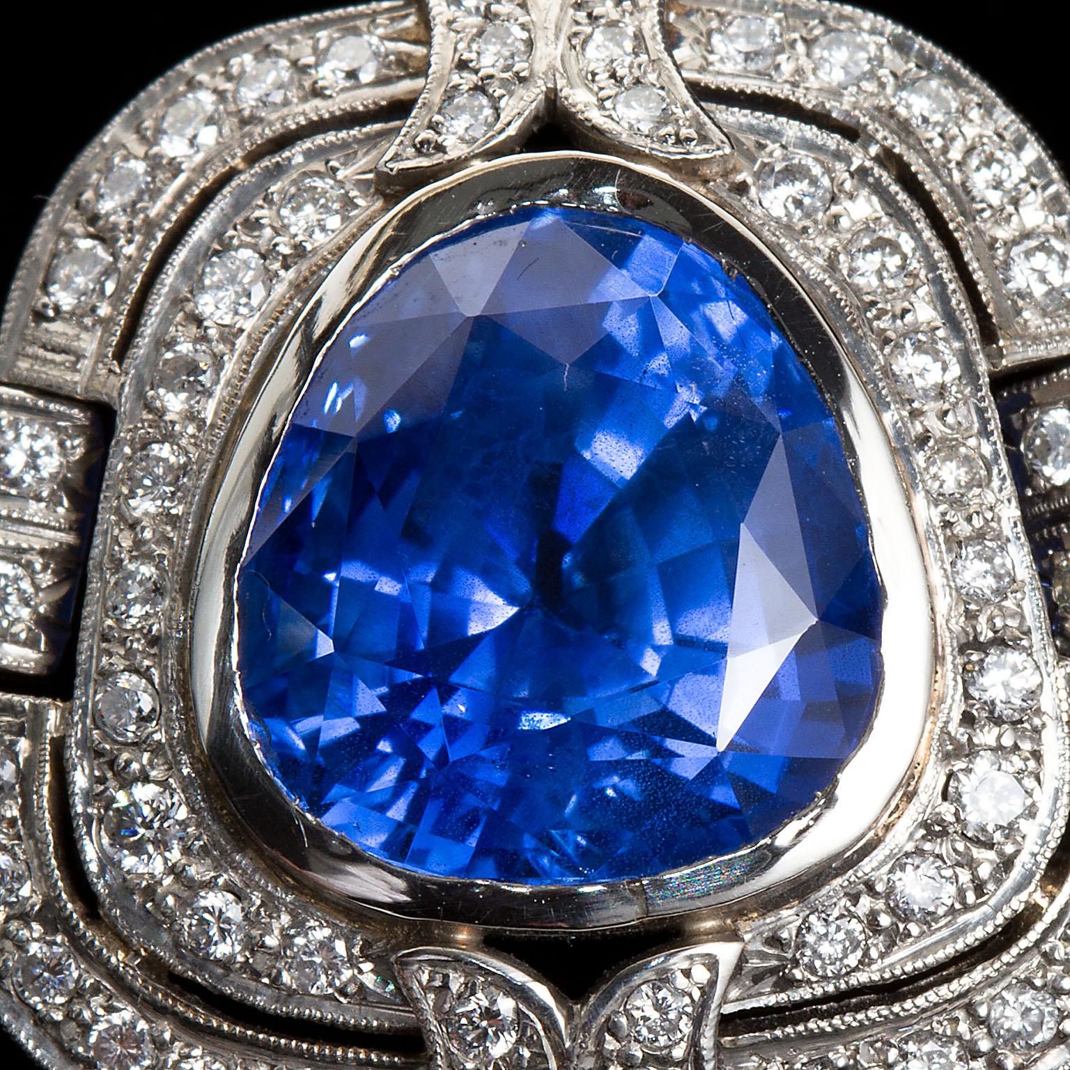 Art Deco Sapphire Diamond Platinum Necklace GIA Cert No Heat 15 Carat ...