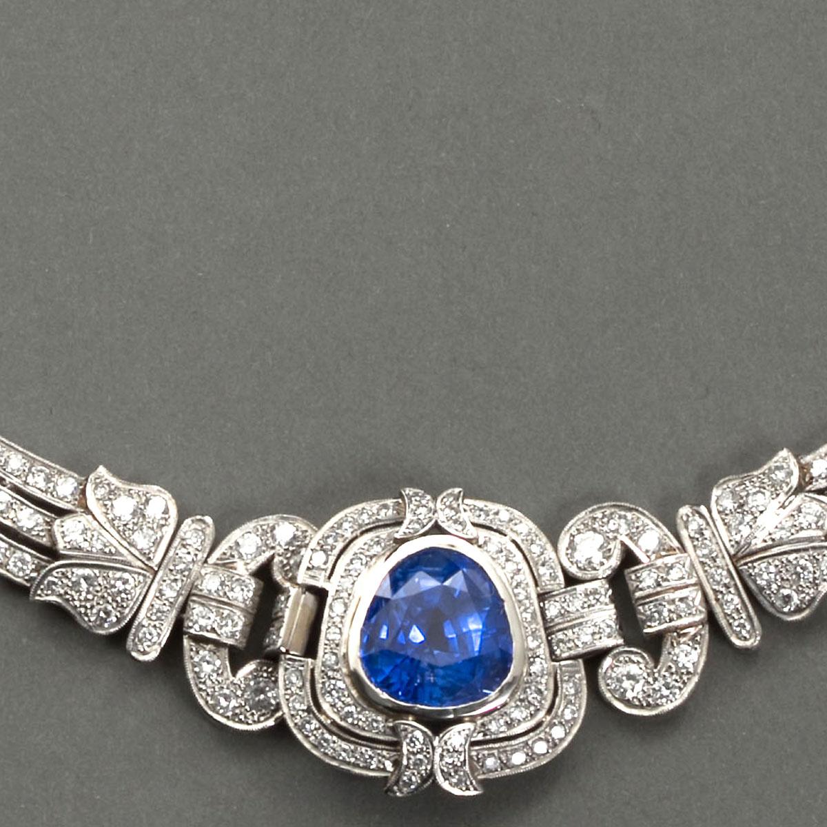 Art Deco Sapphire Diamond Platinum Necklace GIA Cert No Heat 15 Carat In Good Condition In Lakewood, NJ