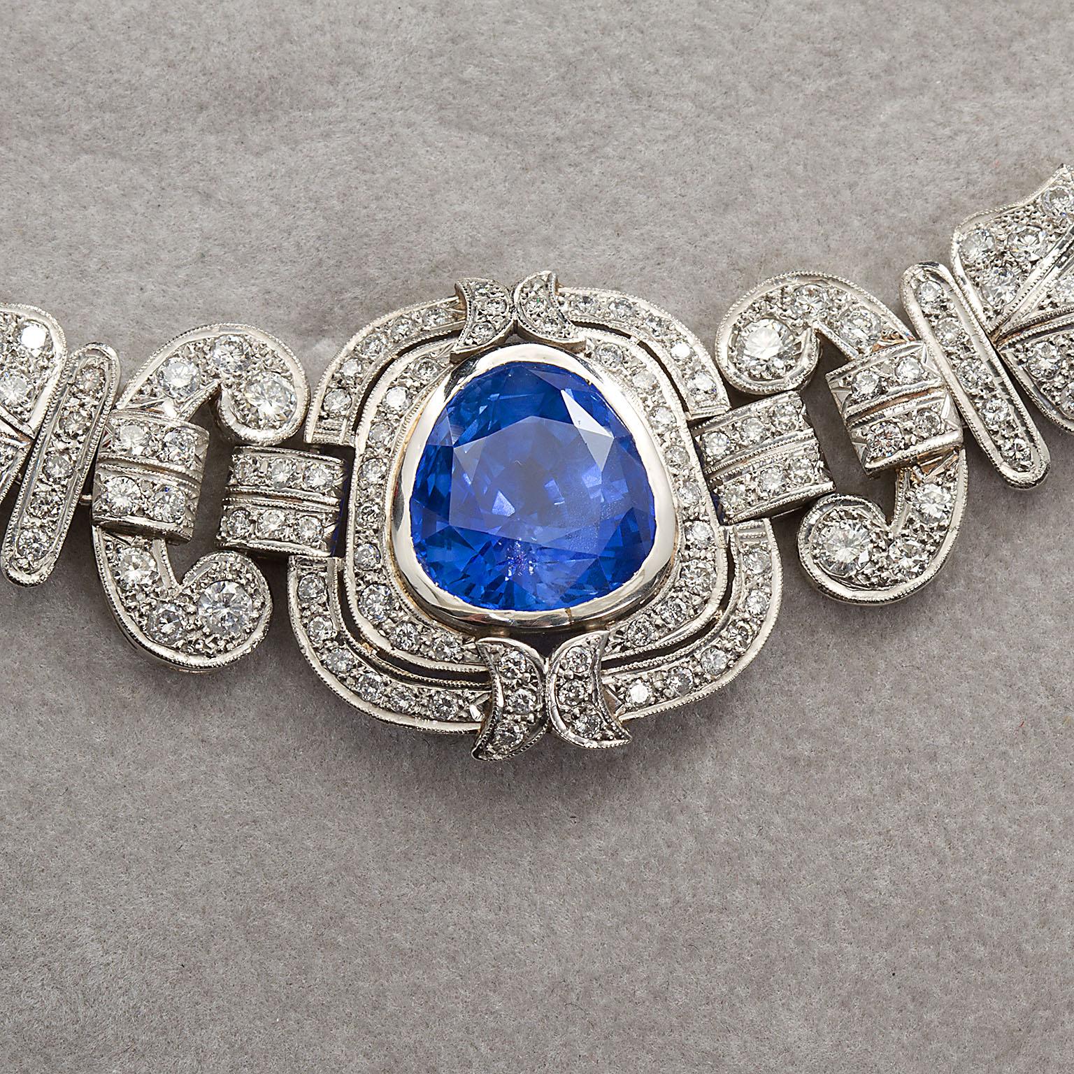 Women's Art Deco Sapphire Diamond Platinum Necklace GIA Cert No Heat 15 Carat