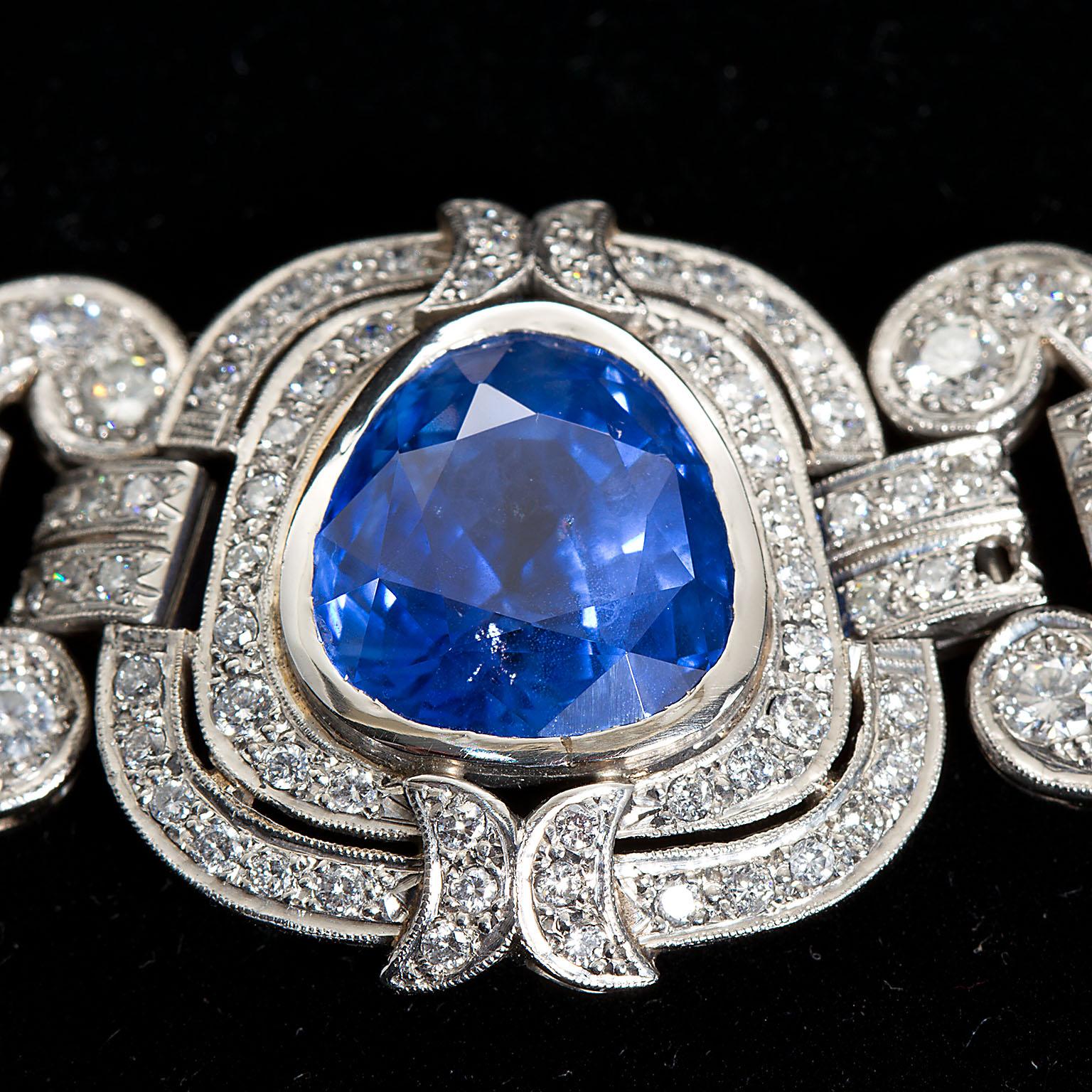 Art Deco Sapphire Diamond Platinum Necklace GIA Cert No Heat 15 Carat 1