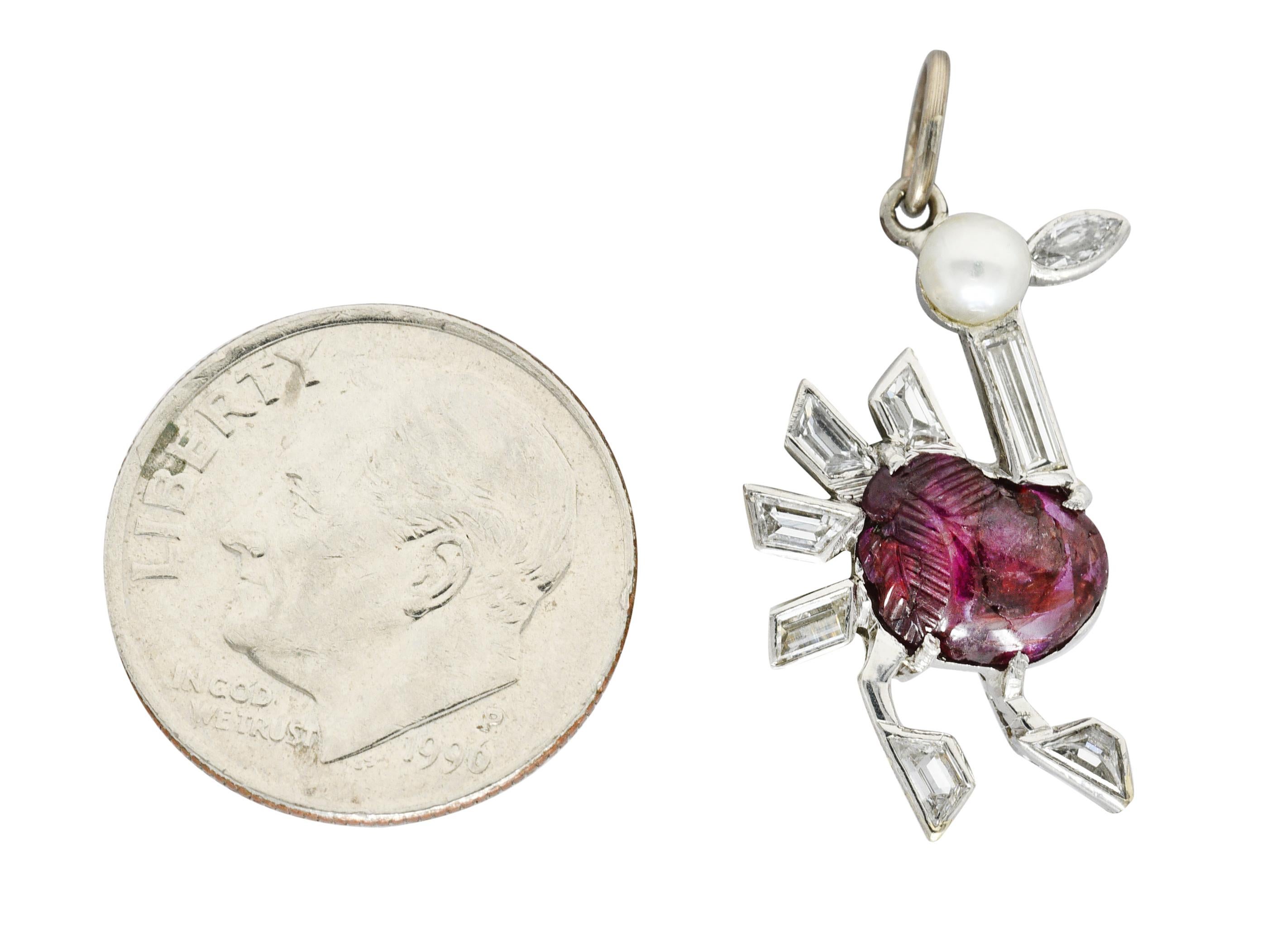 Art Deco Pearl 2.00 Carats Mughal Carved Ruby Diamond Platinum Turkey Charm In Excellent Condition In Philadelphia, PA
