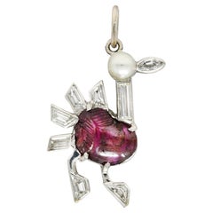 Art Deco Pearl 2.00 Carats Mughal Carved Ruby Diamond Platinum Turkey Charm