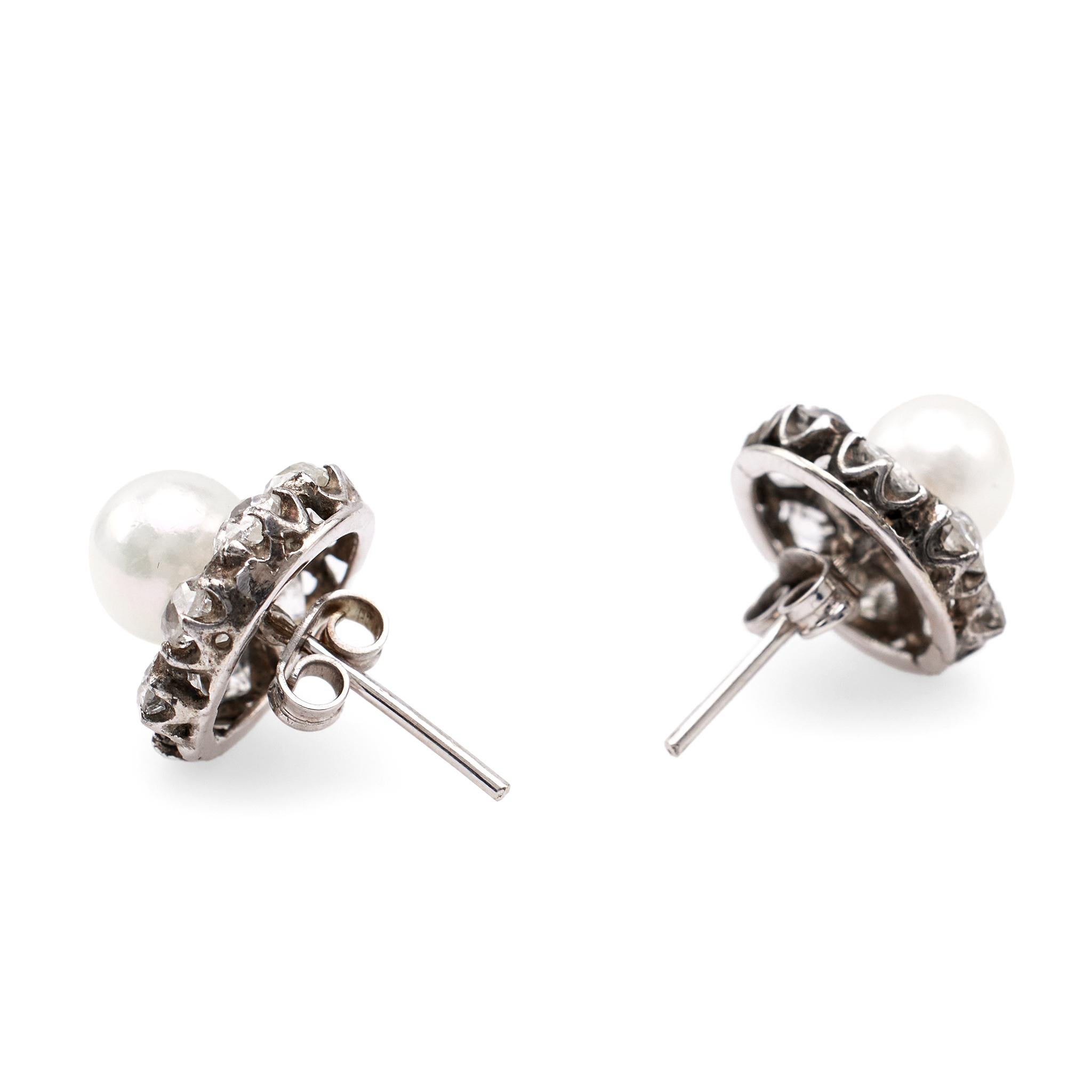 Women's or Men's Art Deco Pearl and Diamond 14k White Gold Cluster Stud Earrings For Sale
