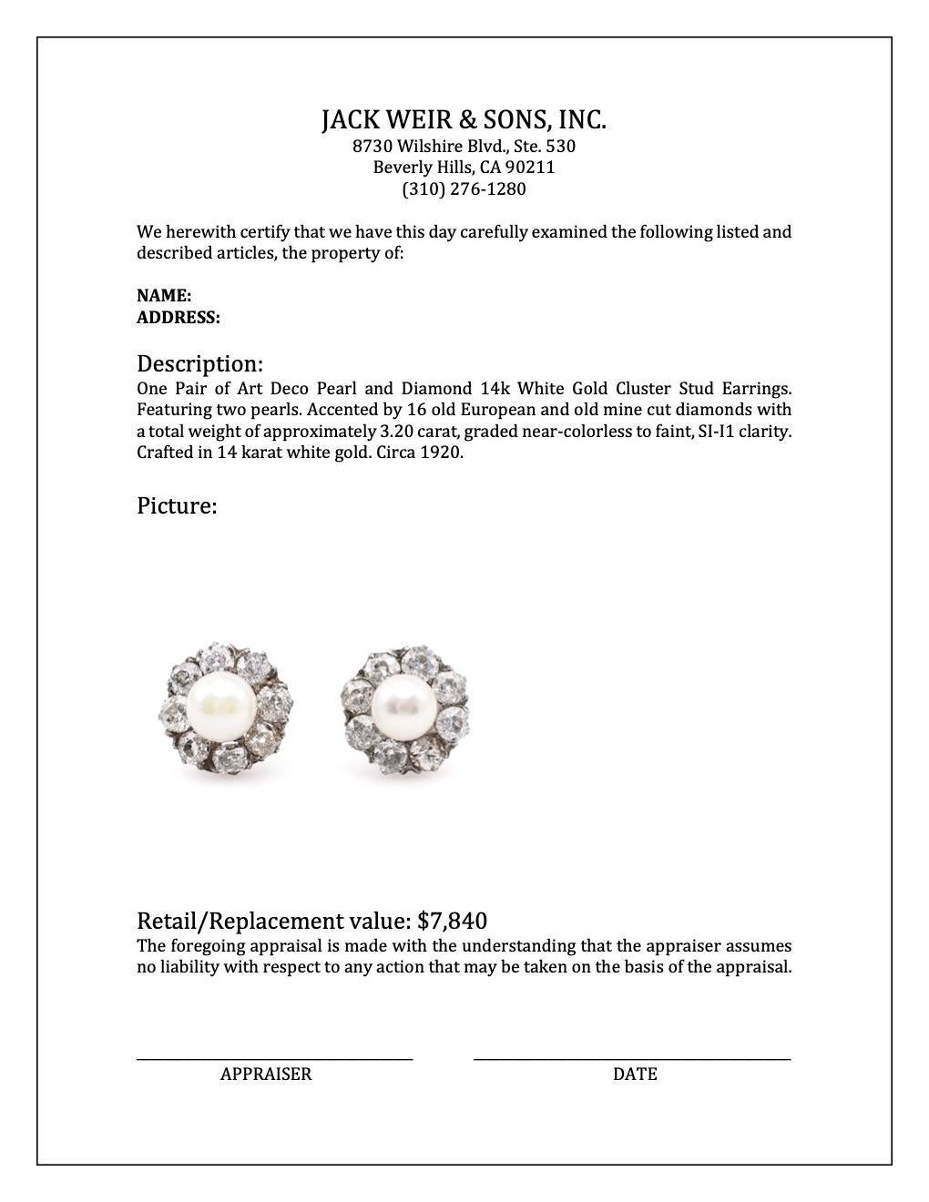 Art Deco Pearl and Diamond 14k White Gold Cluster Stud Earrings For Sale 1