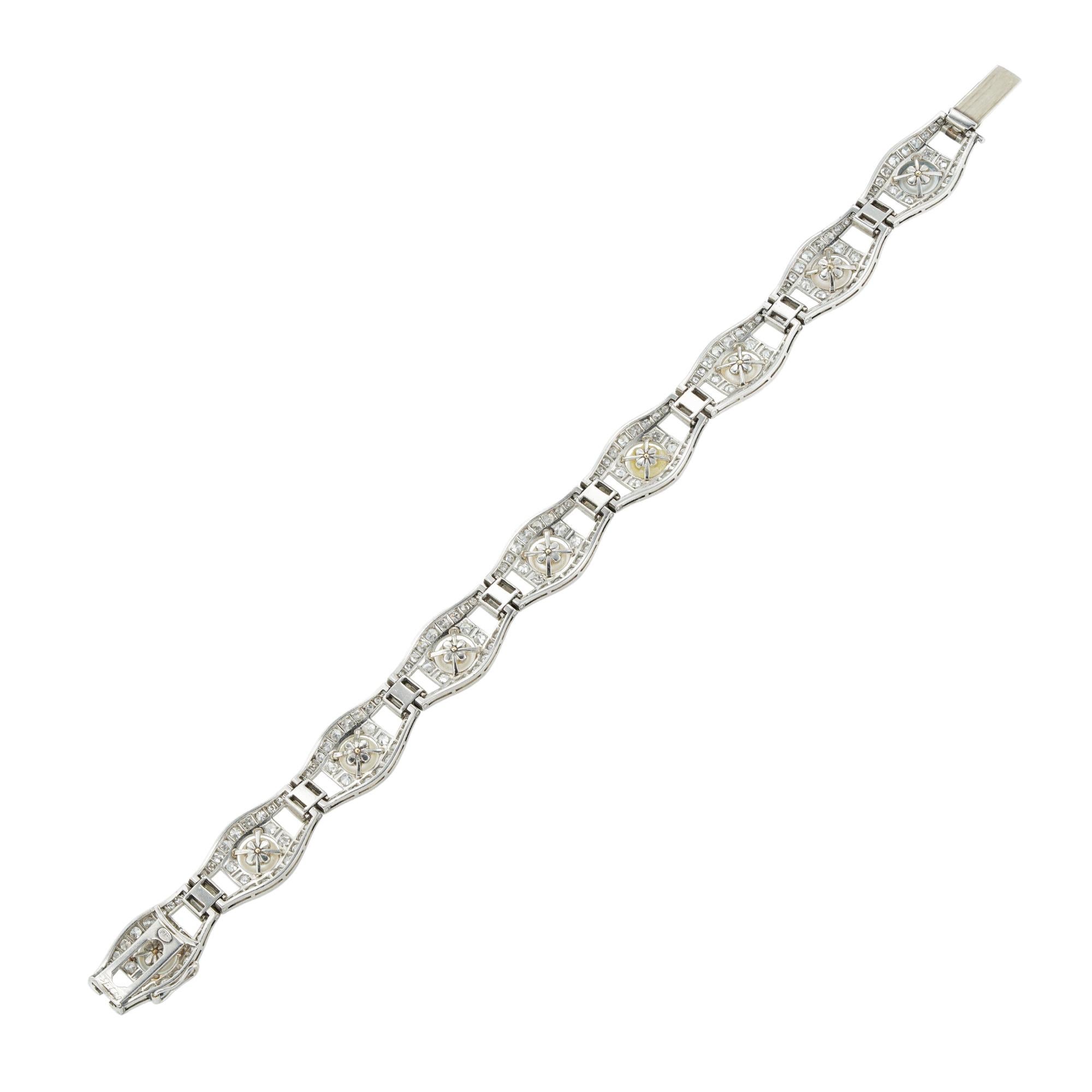 Brilliant Cut Art Deco Pearl and Diamond Bracelet For Sale