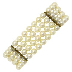 Antique Art Deco Pearl and Diamond Bracelet Wide 4 Strand Row Wide Japanese Akoya