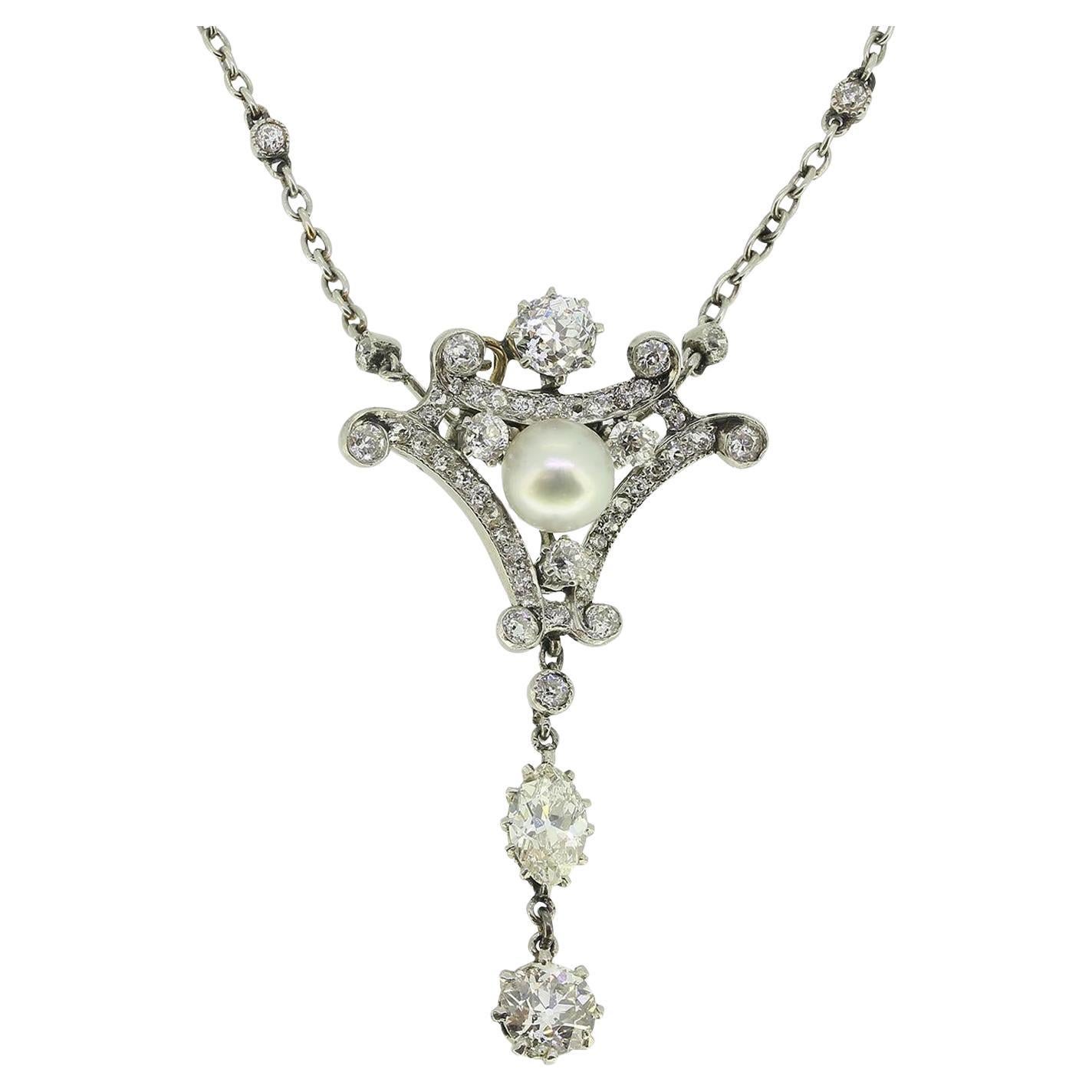 Art Deco Pearl and Diamond Drop Necklace