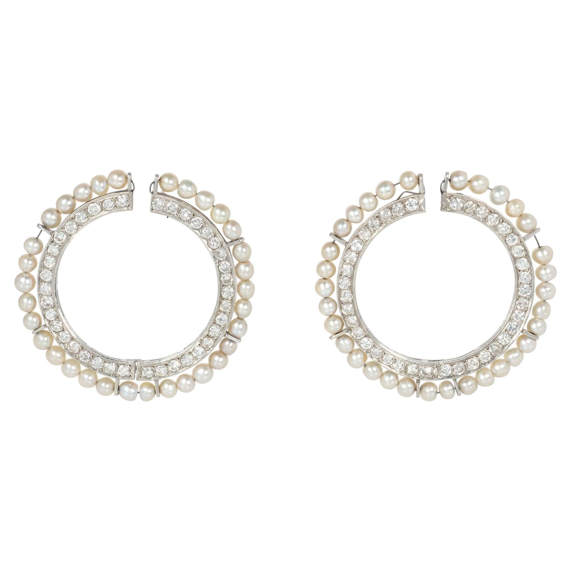Pendientes de aro Art Déco con perlas y diamantes en venta