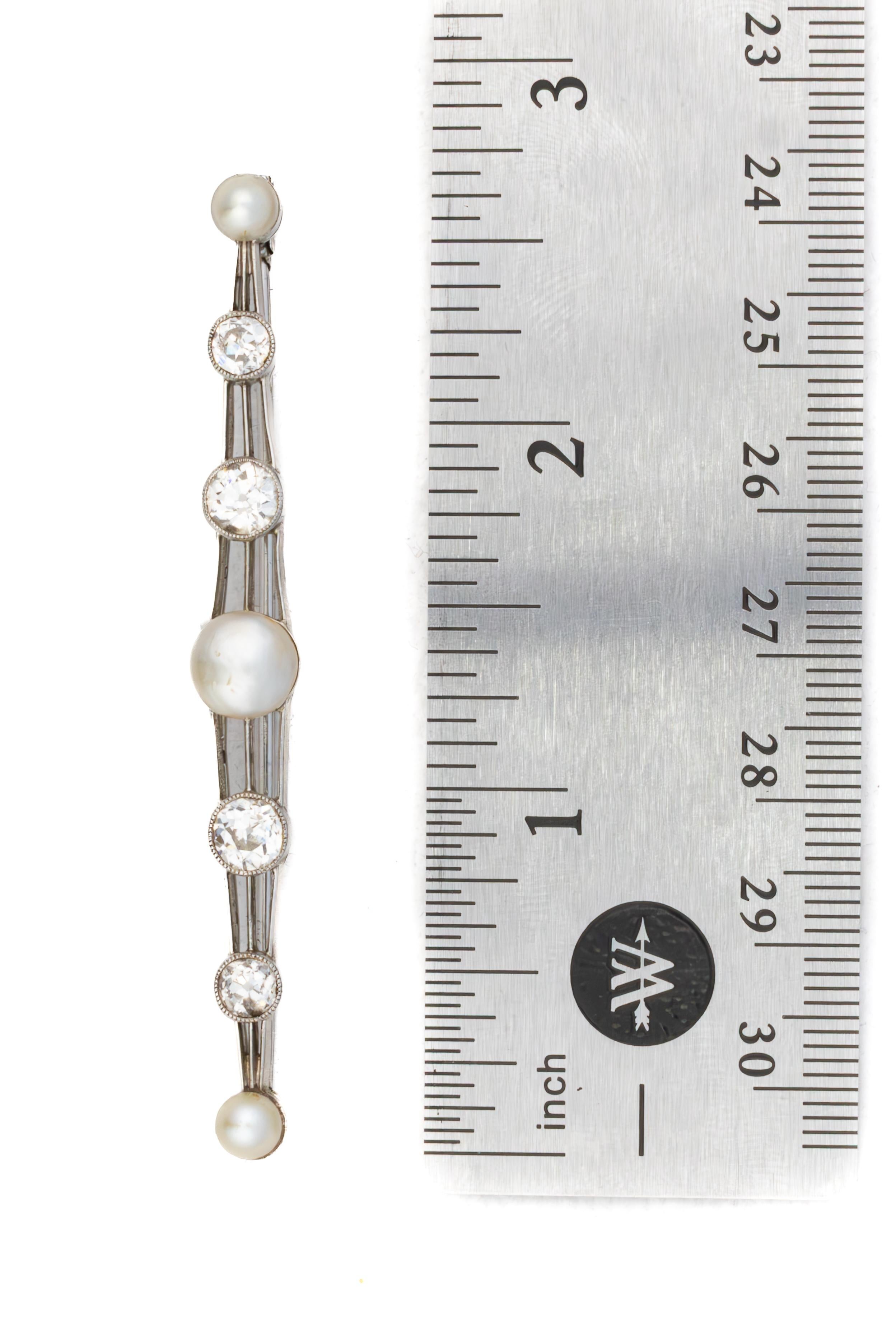 Round Cut Art Deco Pearl and Diamond Platinum Bar Brooch For Sale