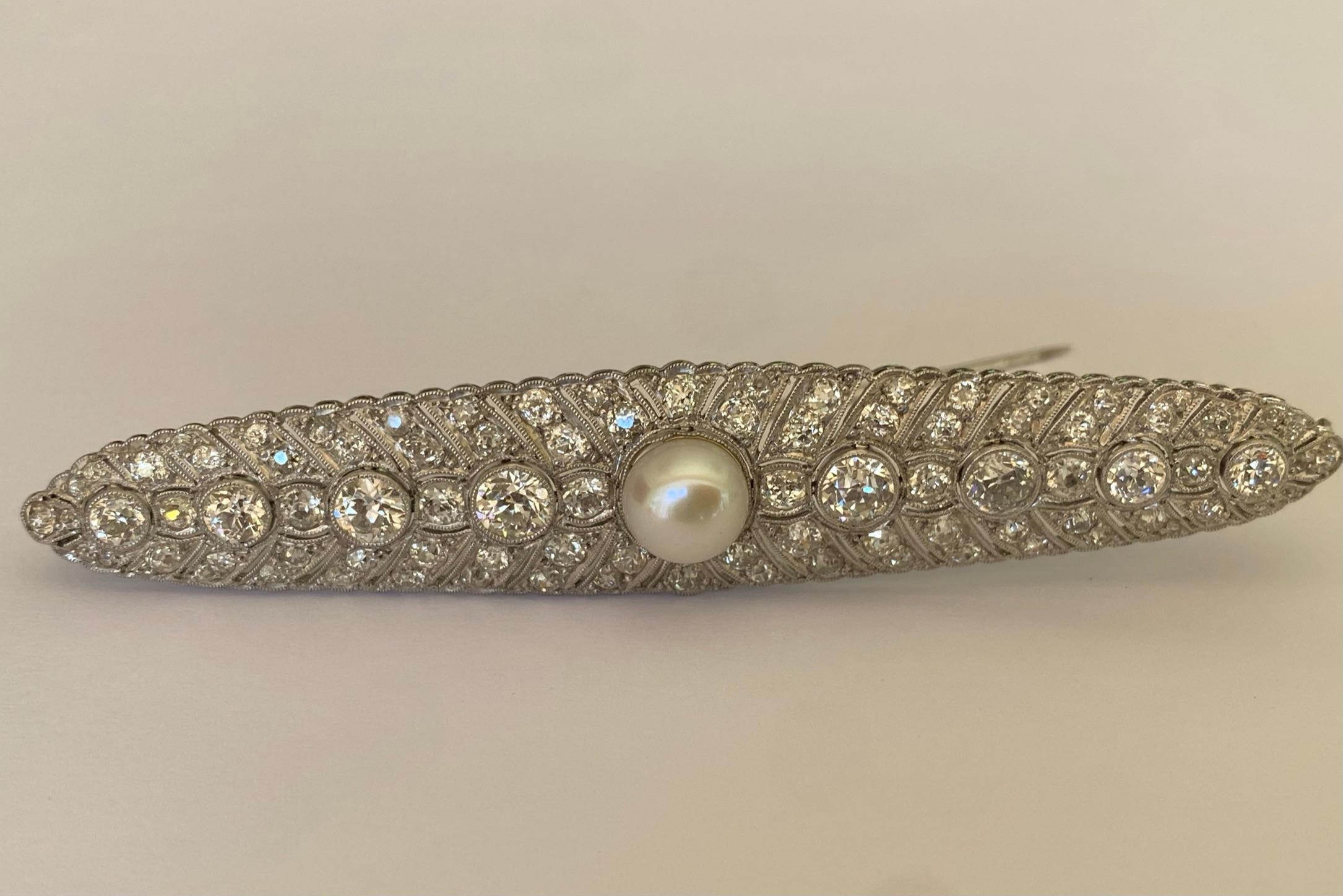 Art Deco Pearl and Diamond Platinum Brooch  For Sale 5