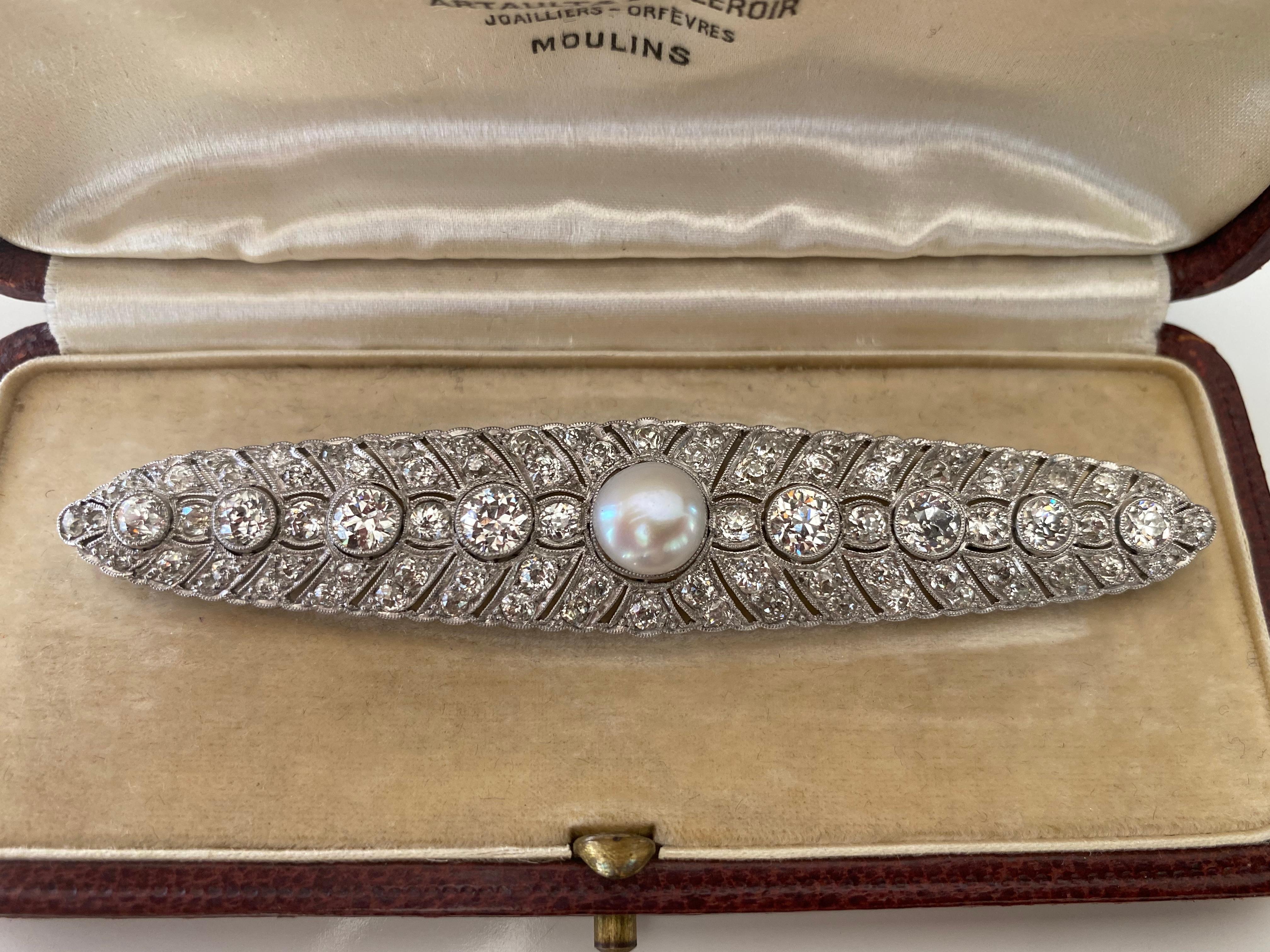 Art Deco Pearl and Diamond Platinum Brooch  In Good Condition For Sale In Denver, CO
