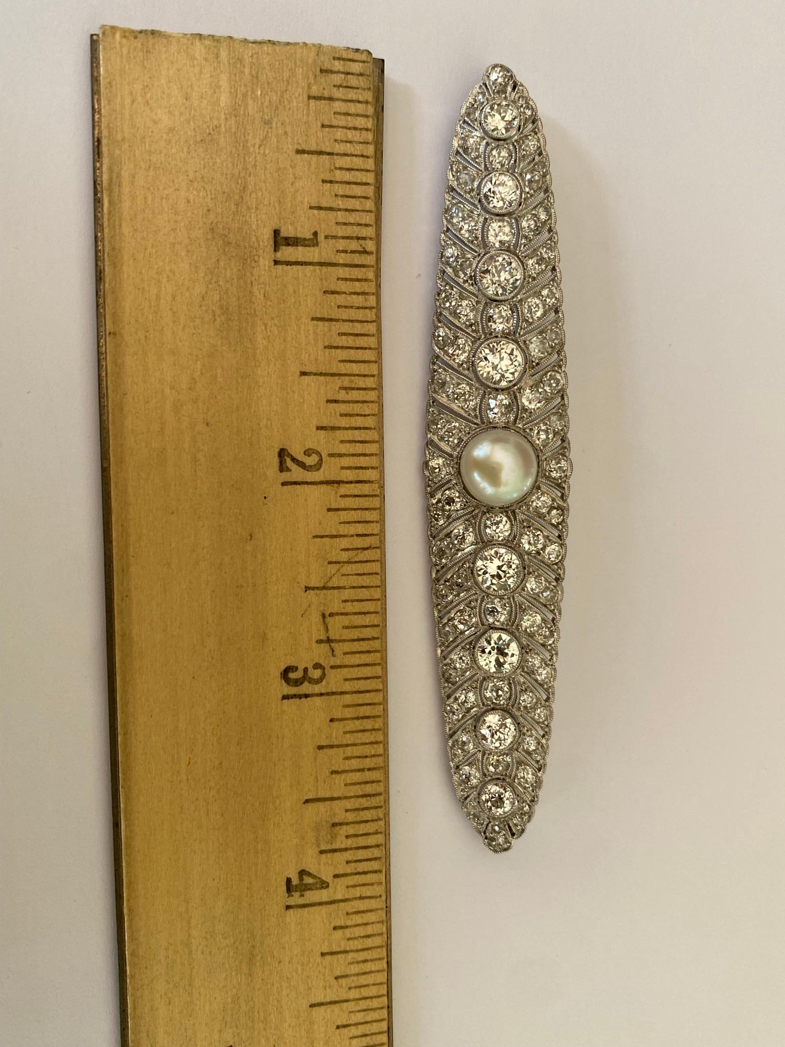 Art Deco Pearl and Diamond Platinum Brooch  For Sale 1