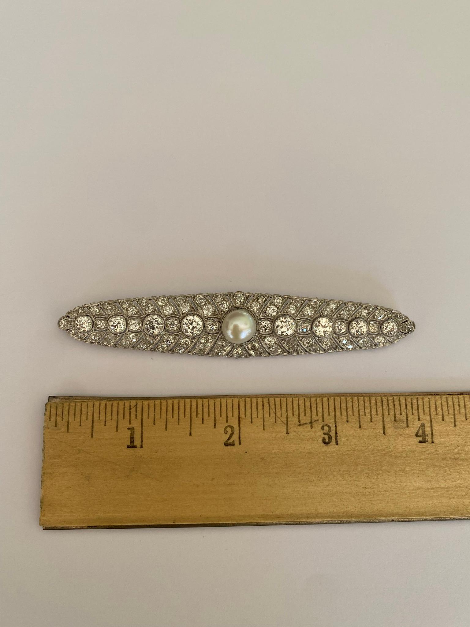 Art Deco Pearl and Diamond Platinum Brooch  For Sale 2