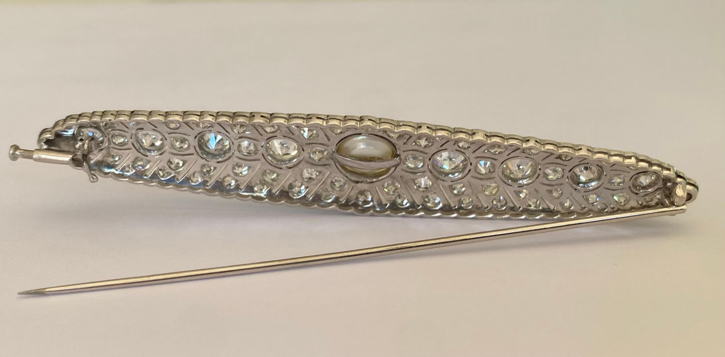 Art Deco Pearl and Diamond Platinum Brooch  For Sale 3
