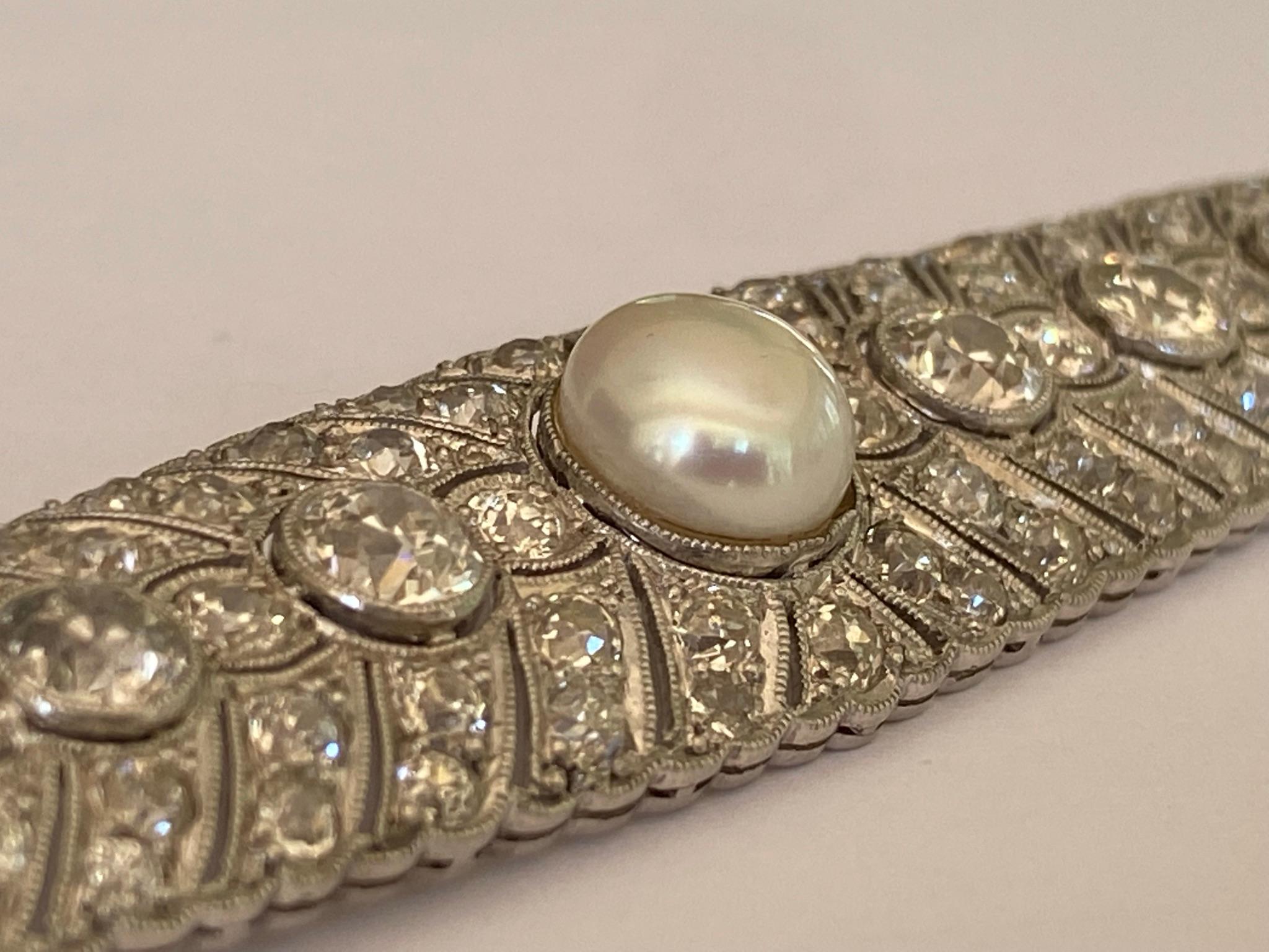 Art Deco Pearl and Diamond Platinum Brooch  For Sale 4