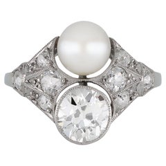 Art Deco pearl and diamond ring, English, circa 1930. 