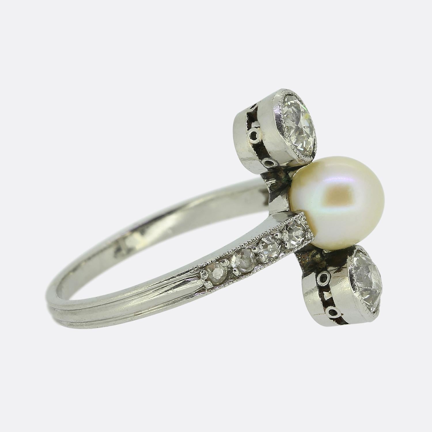 Old European Cut Art Deco Pearl and Diamond Three-Stone Ring For Sale