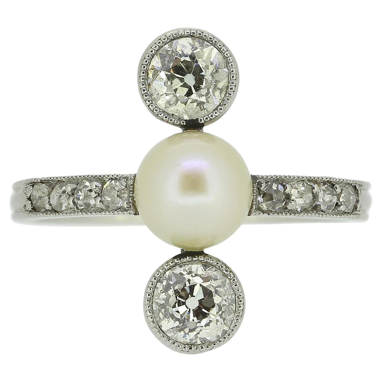 Art Deco Pearl and Diamond Three-Stone Ring For Sale