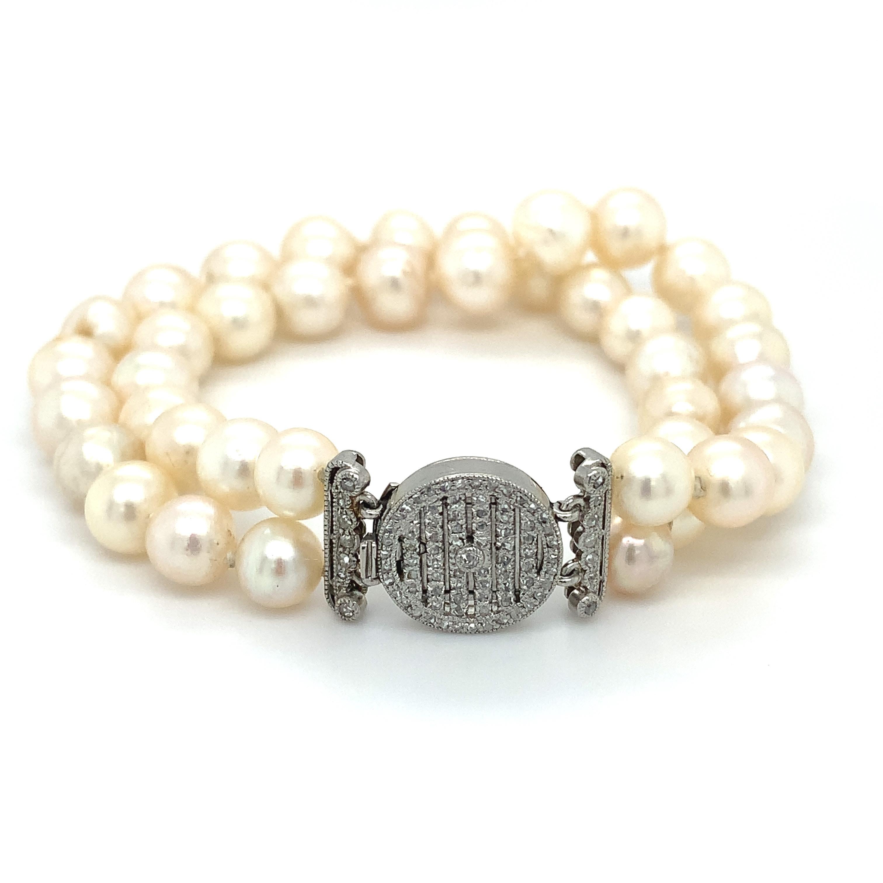 Taille ronde Bracelet double brin Art déco en platine avec perles et diamants en vente