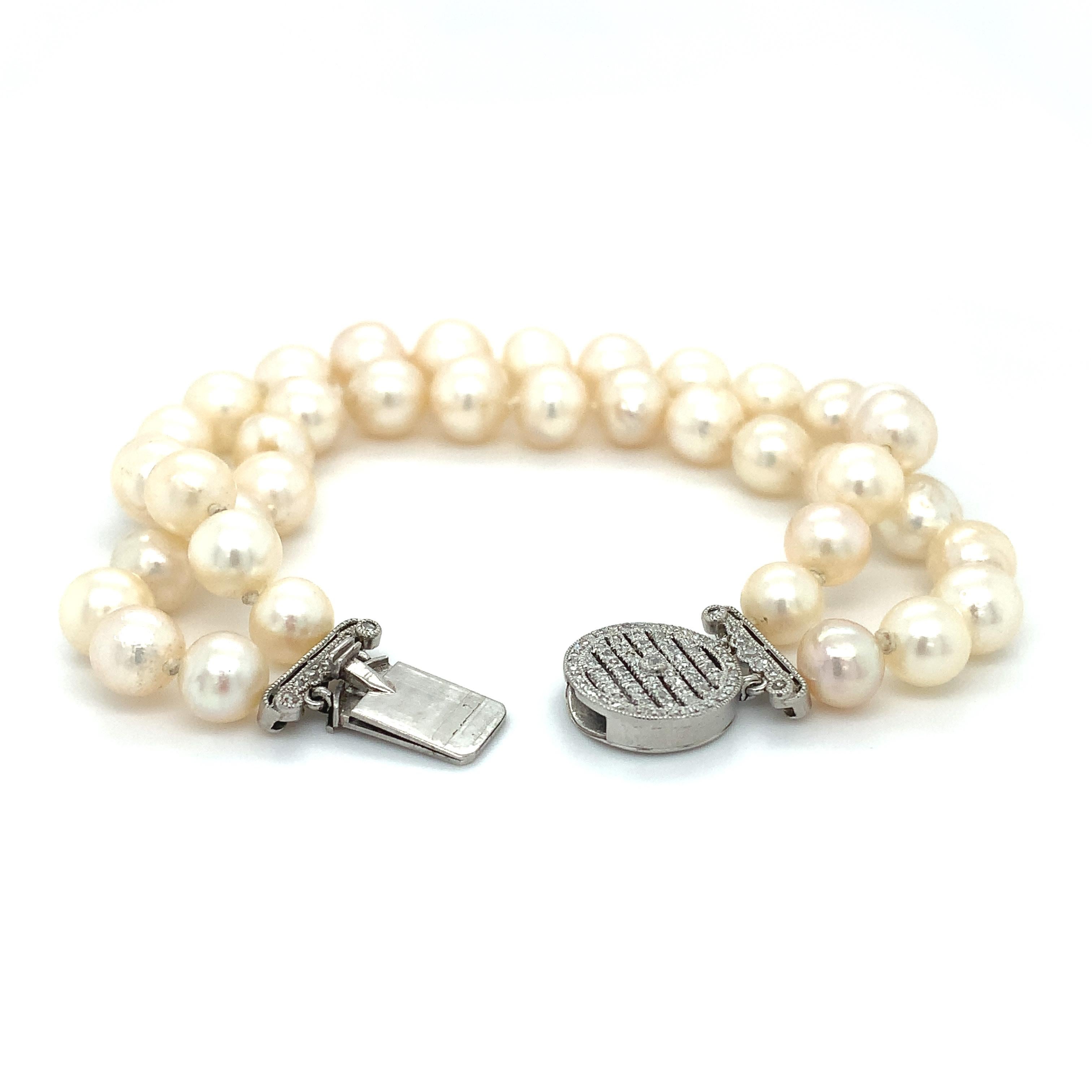 Art deco pearl and diamonds double strand bracelet platinum In New Condition For Sale In London, GB