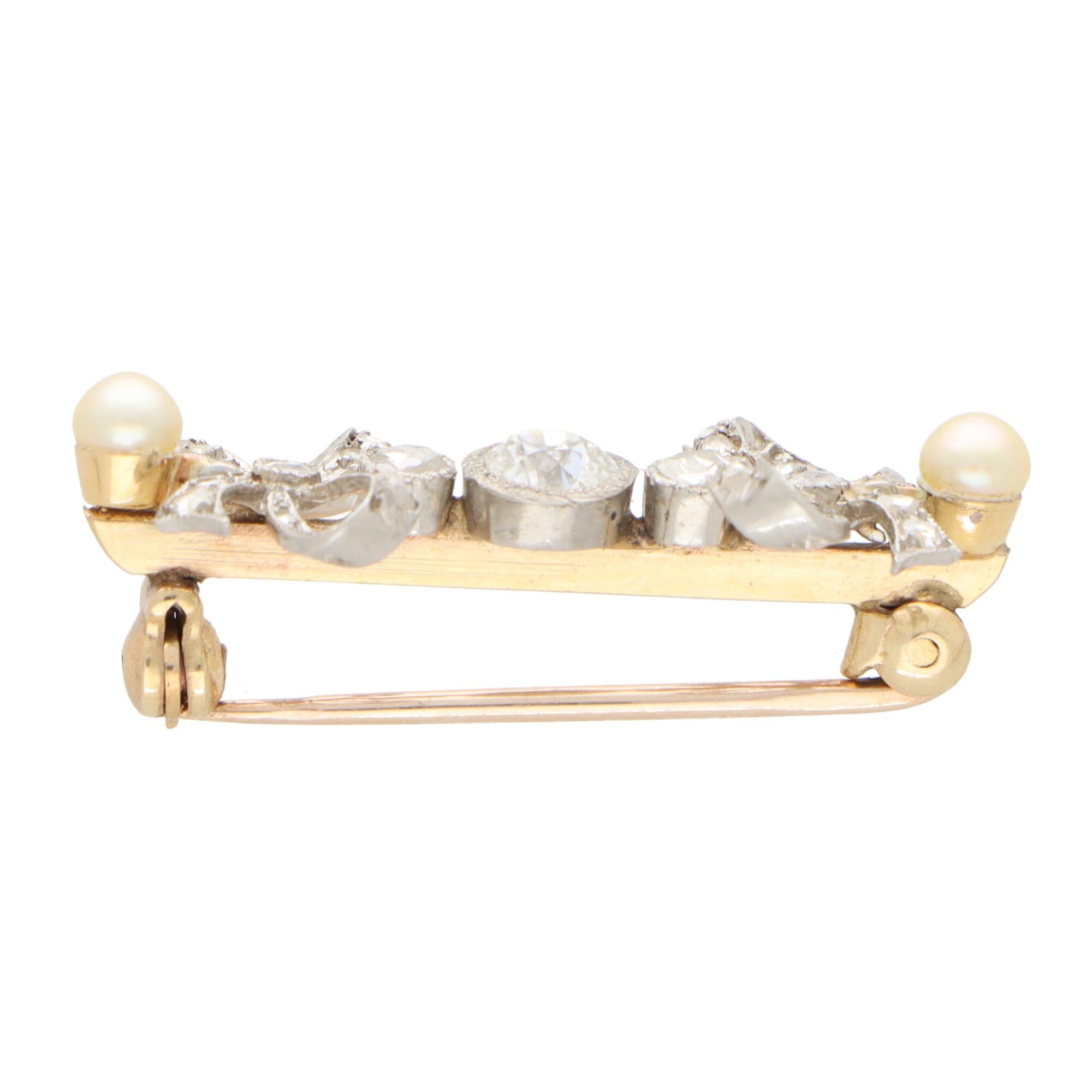Old Mine Cut Art Deco Pearl and Old Cut Diamond Bow Pin Brooch in Platinum and Gold