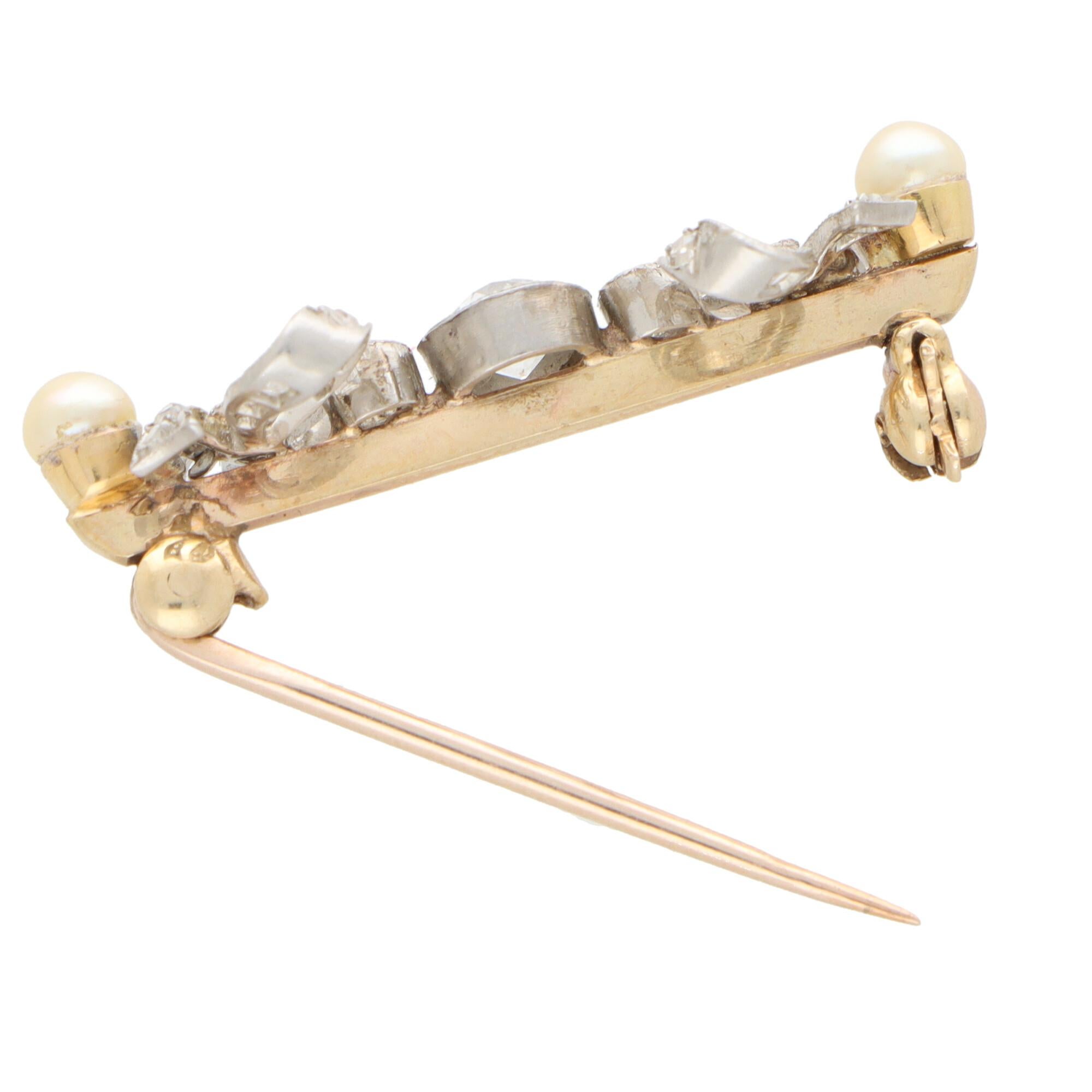 Art Deco Pearl and Old Cut Diamond Bow Pin Brooch in Platinum and Gold In Excellent Condition In London, GB