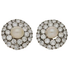 Art Deco Style Pearl Old Mine Cut Diamond Cluster Earrings Set in 18 Karat Gold