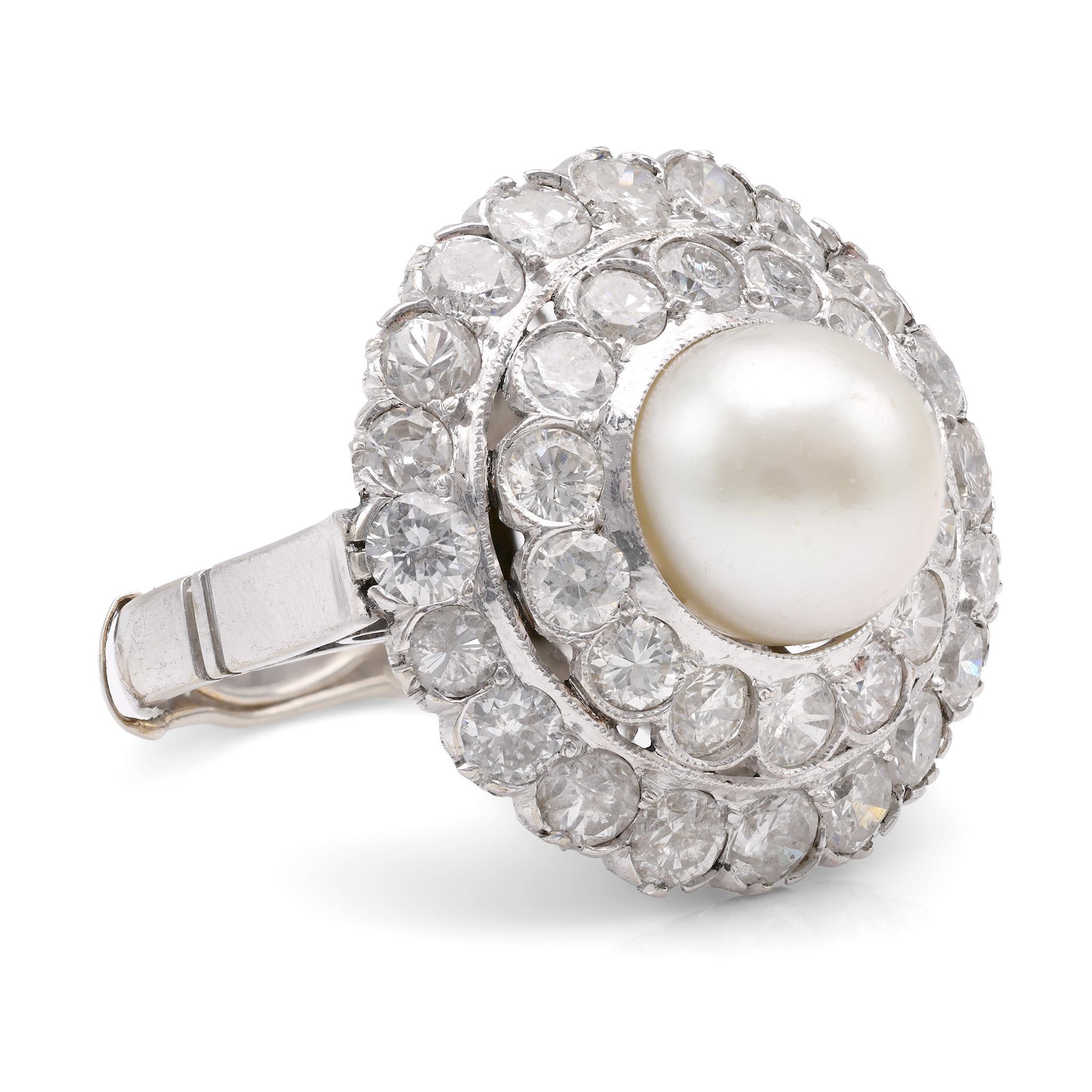 Art Deco Perle Diamant 14K Weißgold Cluster-Ring (Art déco) im Angebot
