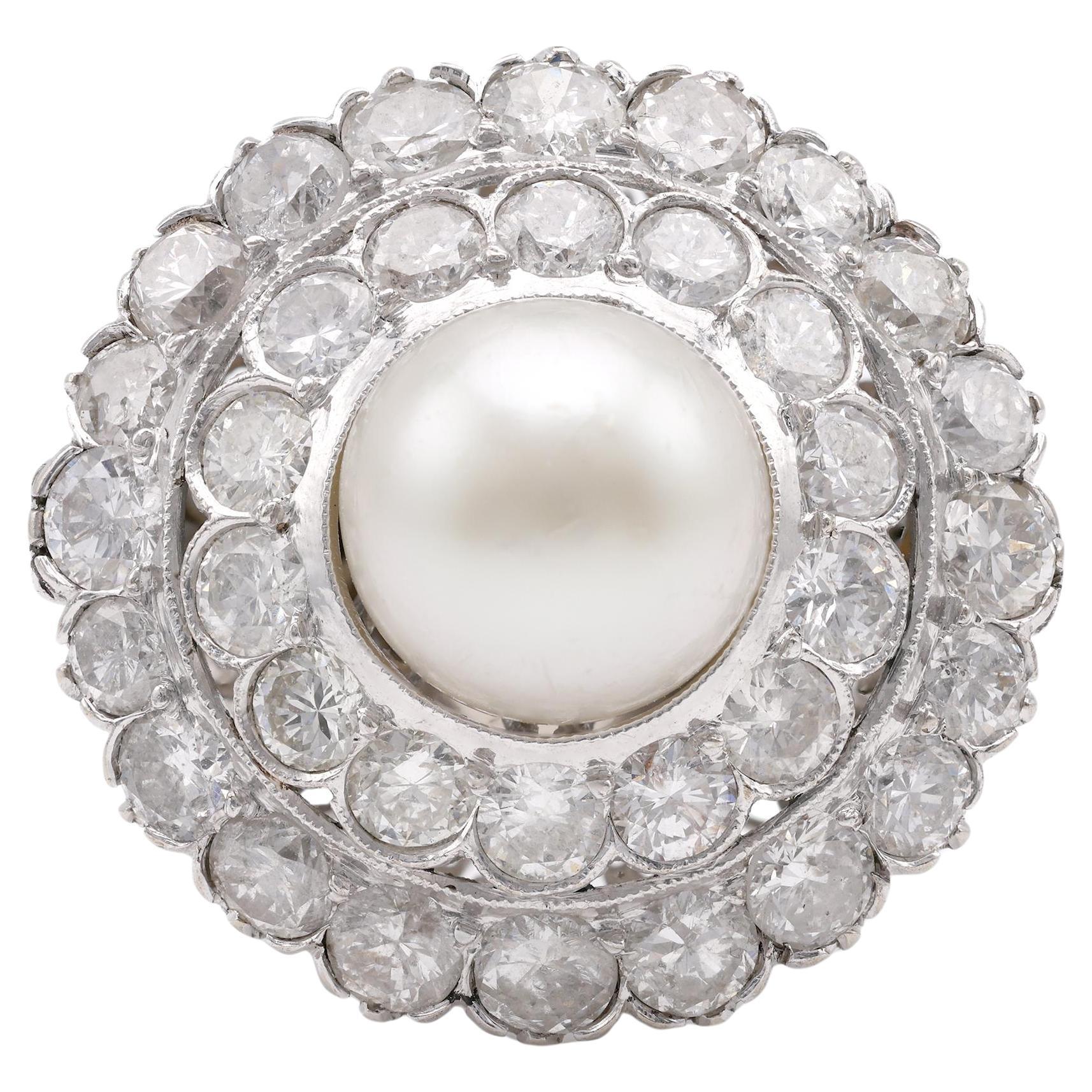 Art Deco Pearl Diamond 14K White Gold Cluster Ring