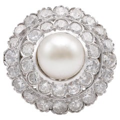 Vintage Art Deco Pearl Diamond 14K White Gold Cluster Ring
