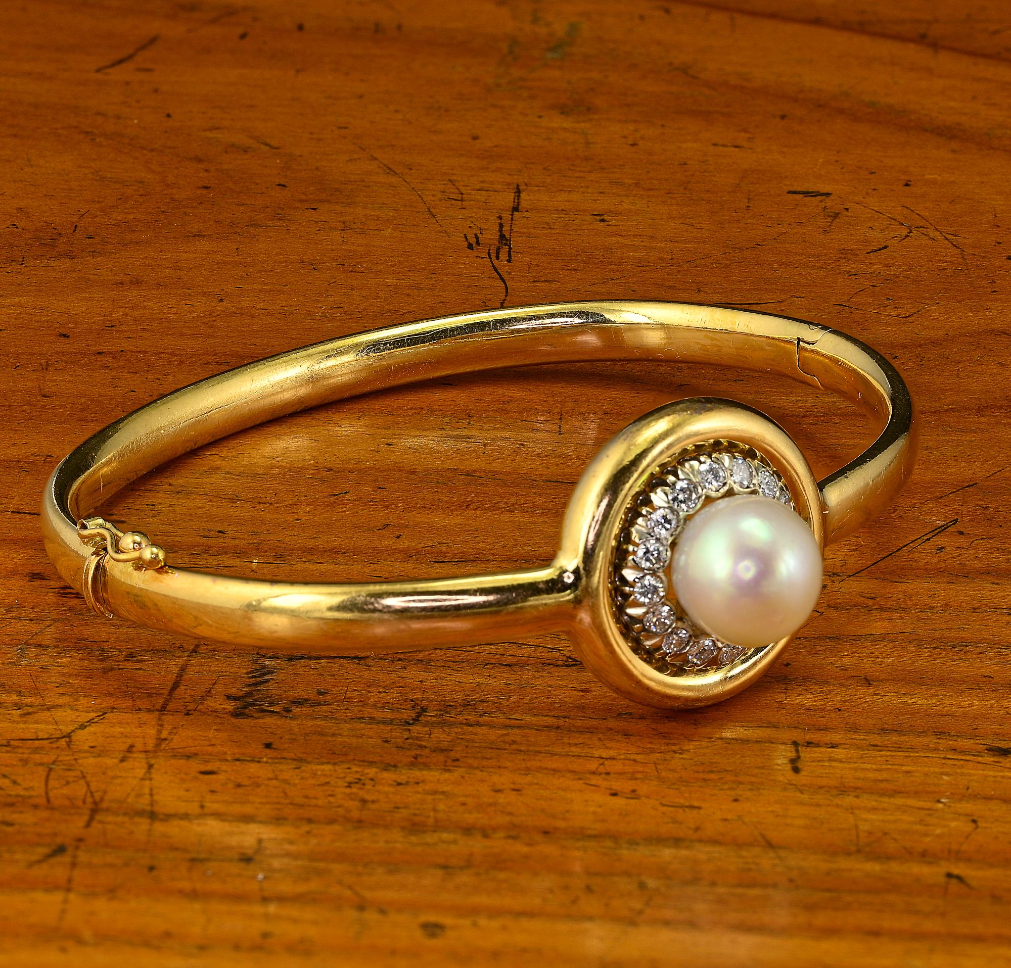 Taille brillant Bracelet Art Déco perle diamant 18 KT en vente