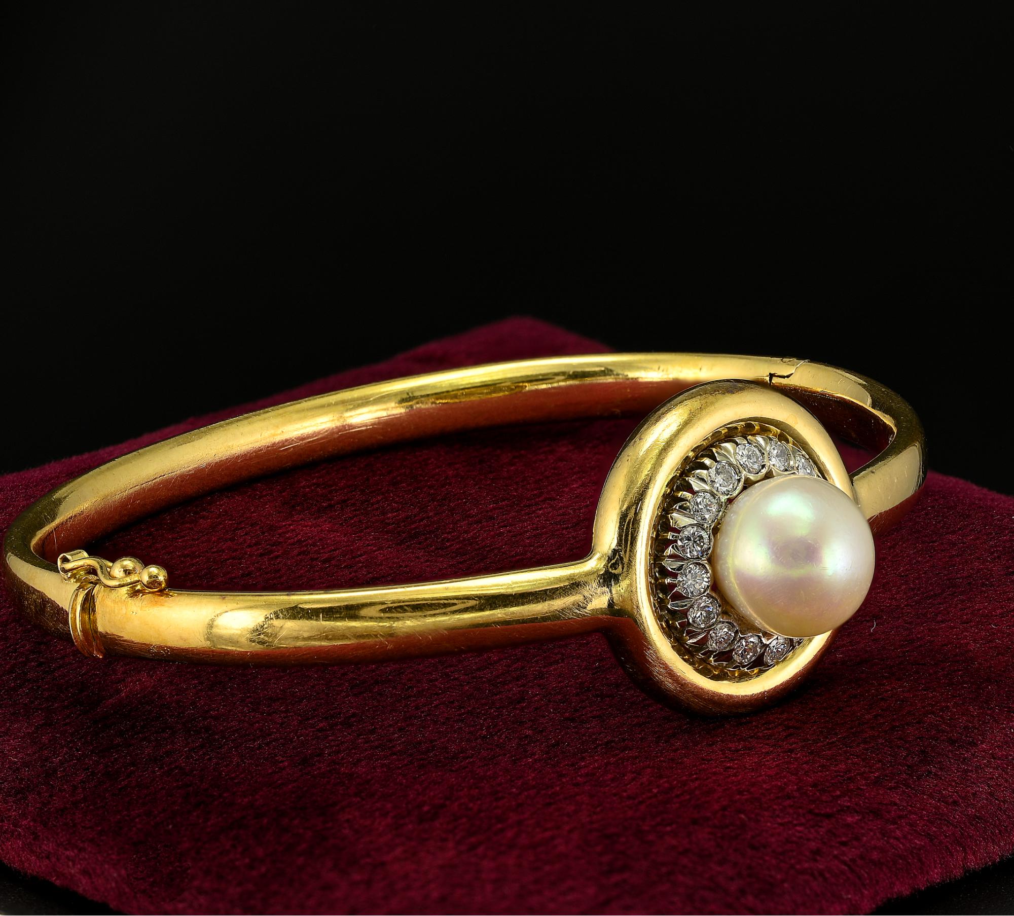 Women's Art Deco Pearl Diamond 18 KT Bangle For Sale